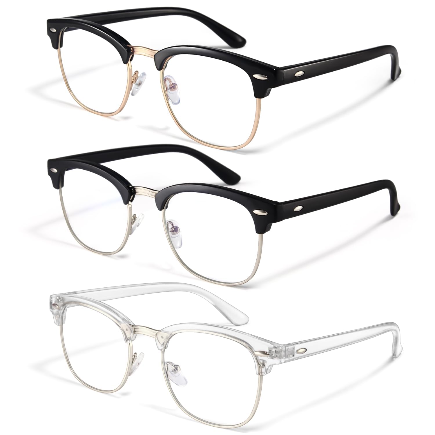 Racico blue light blocking glasses pack 3 frames reduce eye strain during screen time.