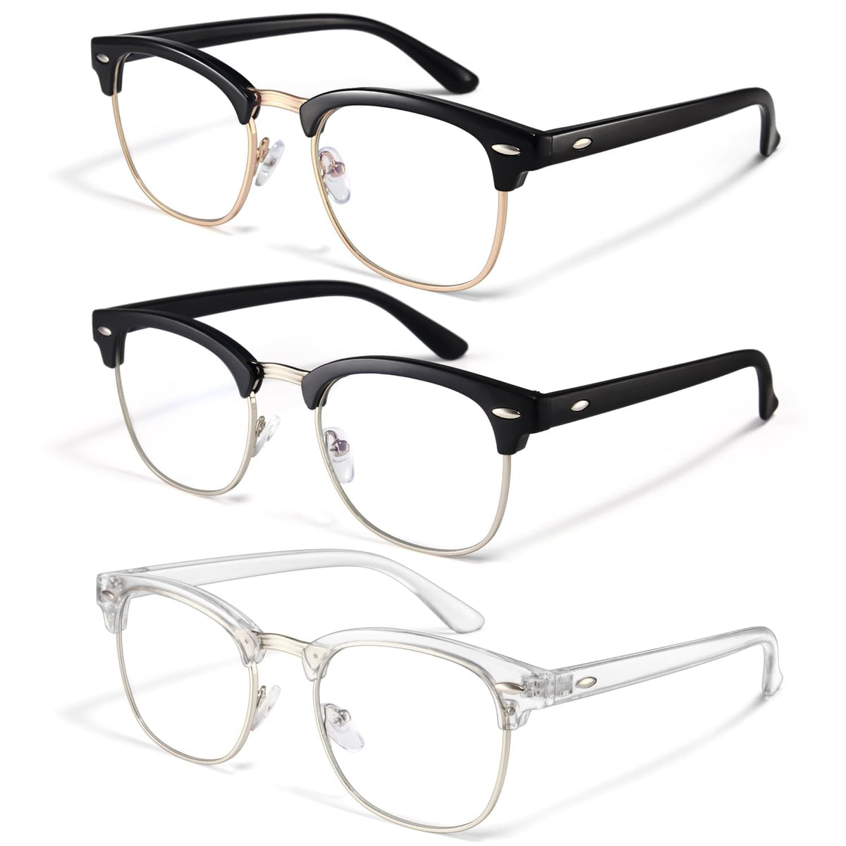 Racico blue light blocking glasses pack 3 frames reduce eye strain during screen time.