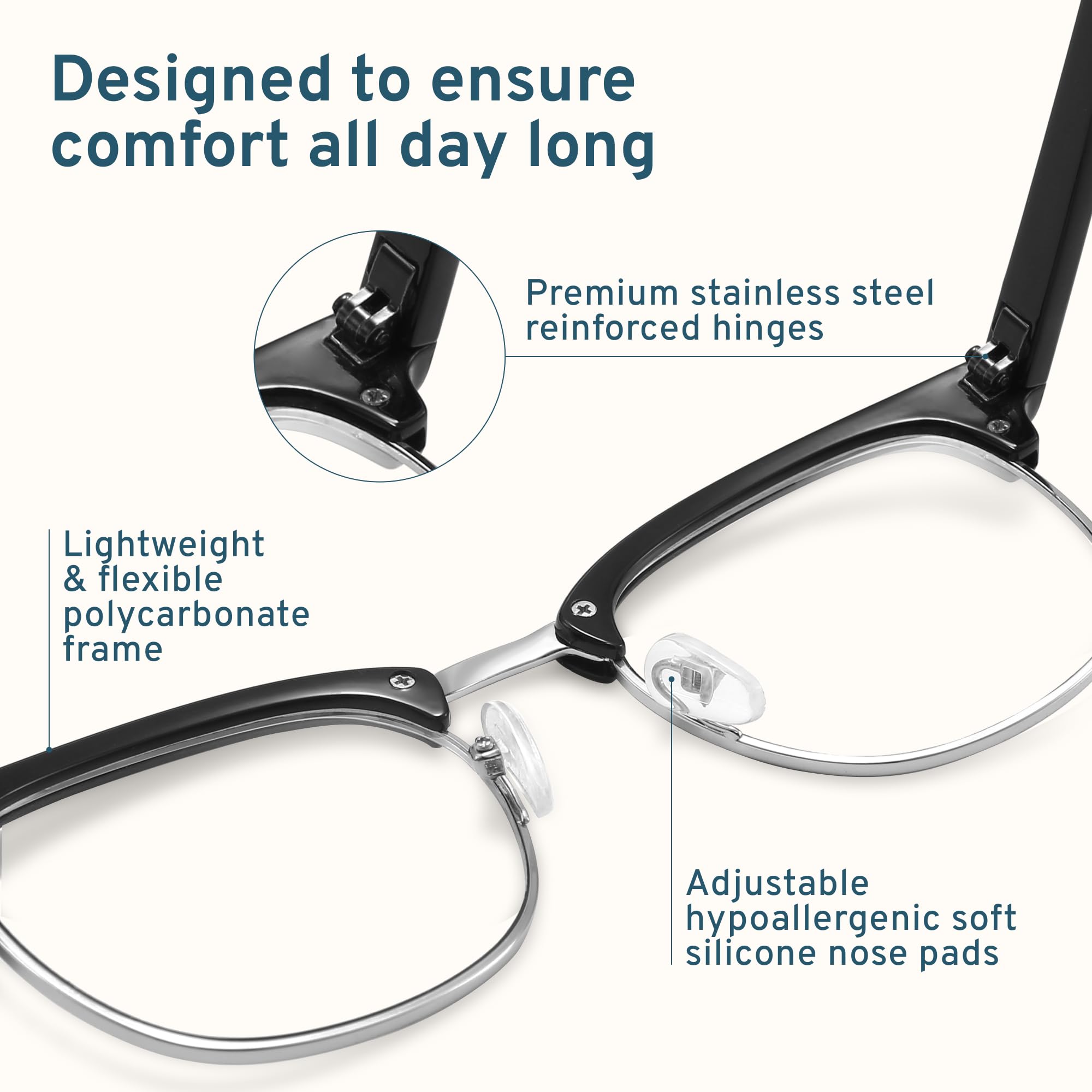 Racico semi-rimless frames offer a modern, versatile look for daily use.