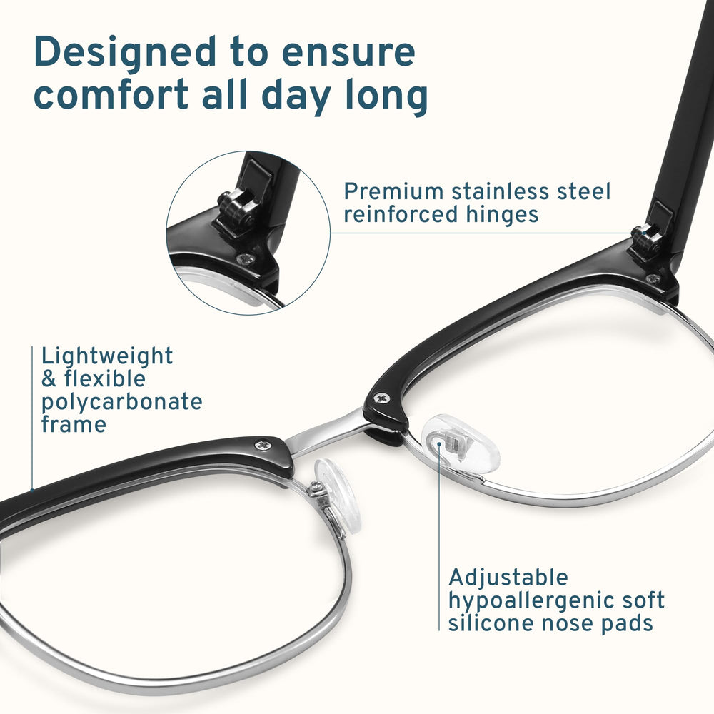 Racico semi-rimless frames offer a modern, versatile look for daily use.