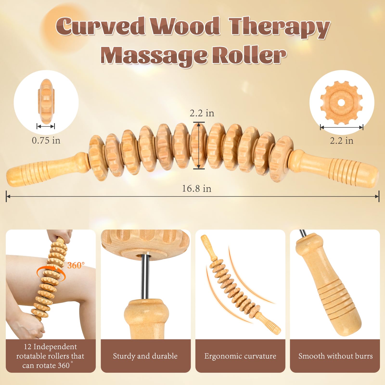 RACOC curved wood therapy roller tool calves for improved circulation.
