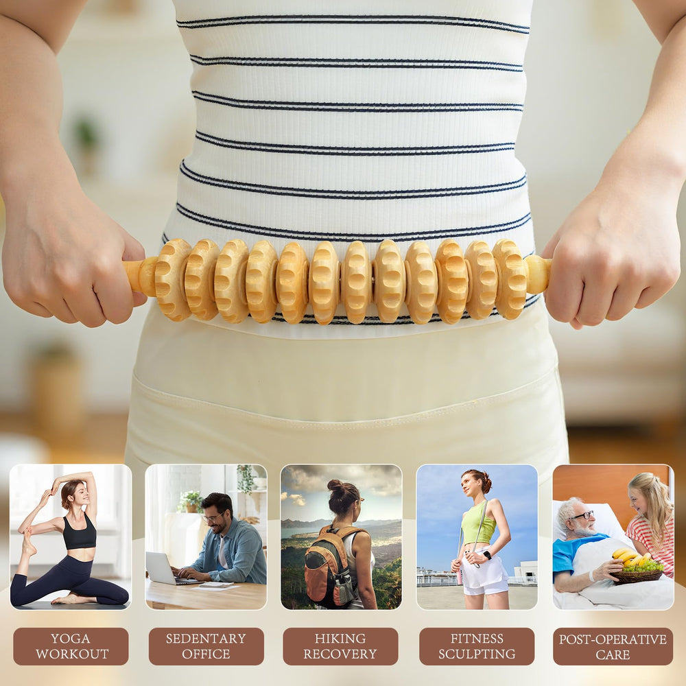 RACOC curved wood therapy roller tool lower back comfort and stiffness relief.