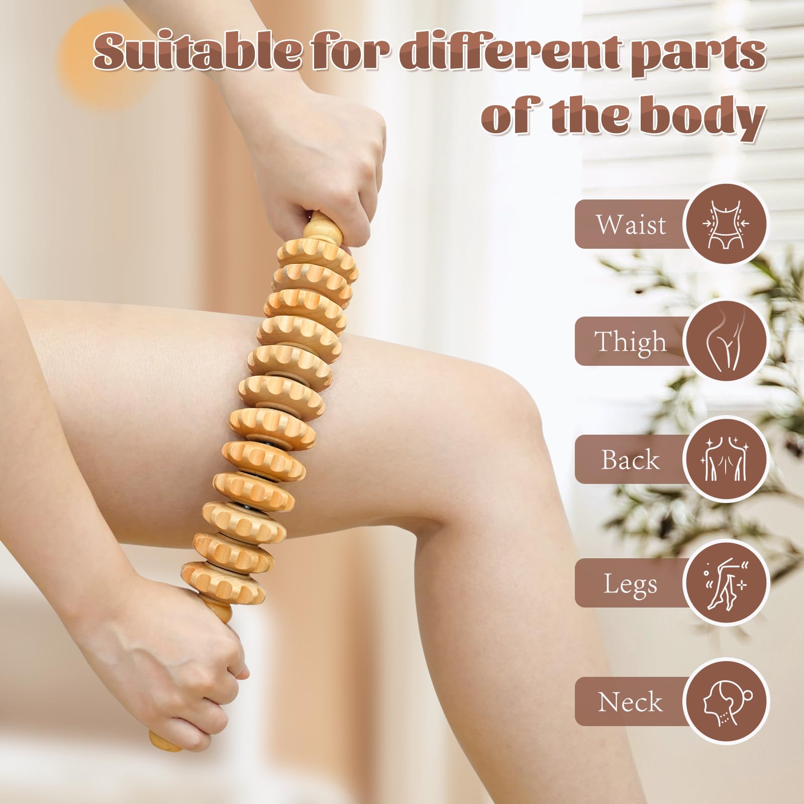 RACOC curved wood therapy roller tool neck release and tension relief.
