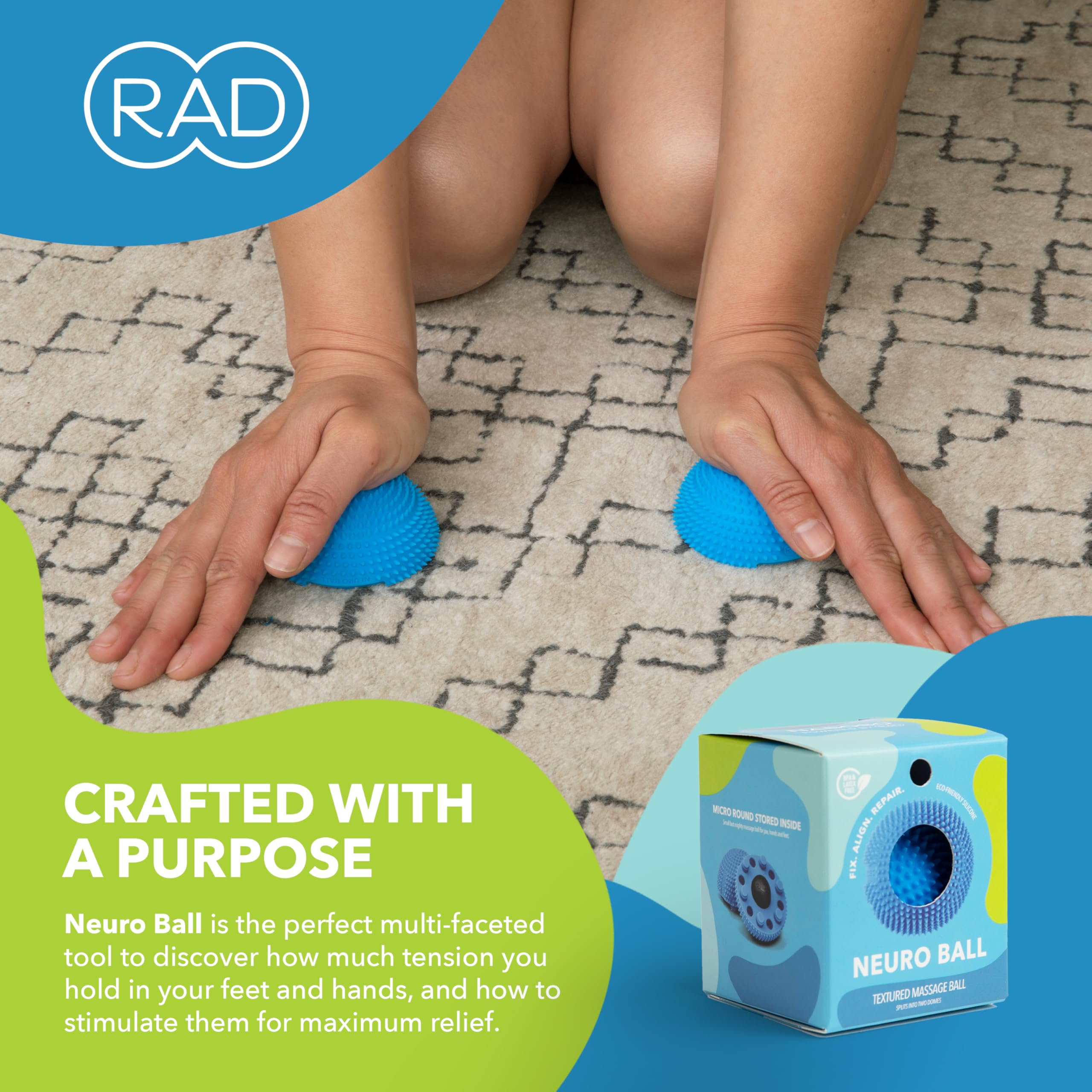 RAD Neuro Ball hands and face use for gentle nerve-focused massage