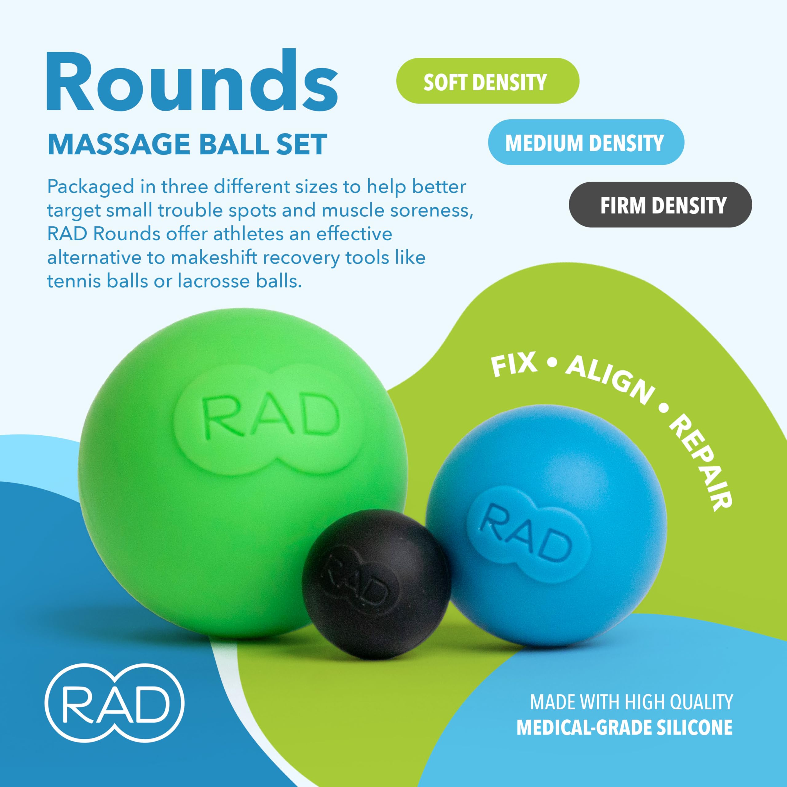 RAD Rounds blue medium ball used on mid-sized muscle groups.