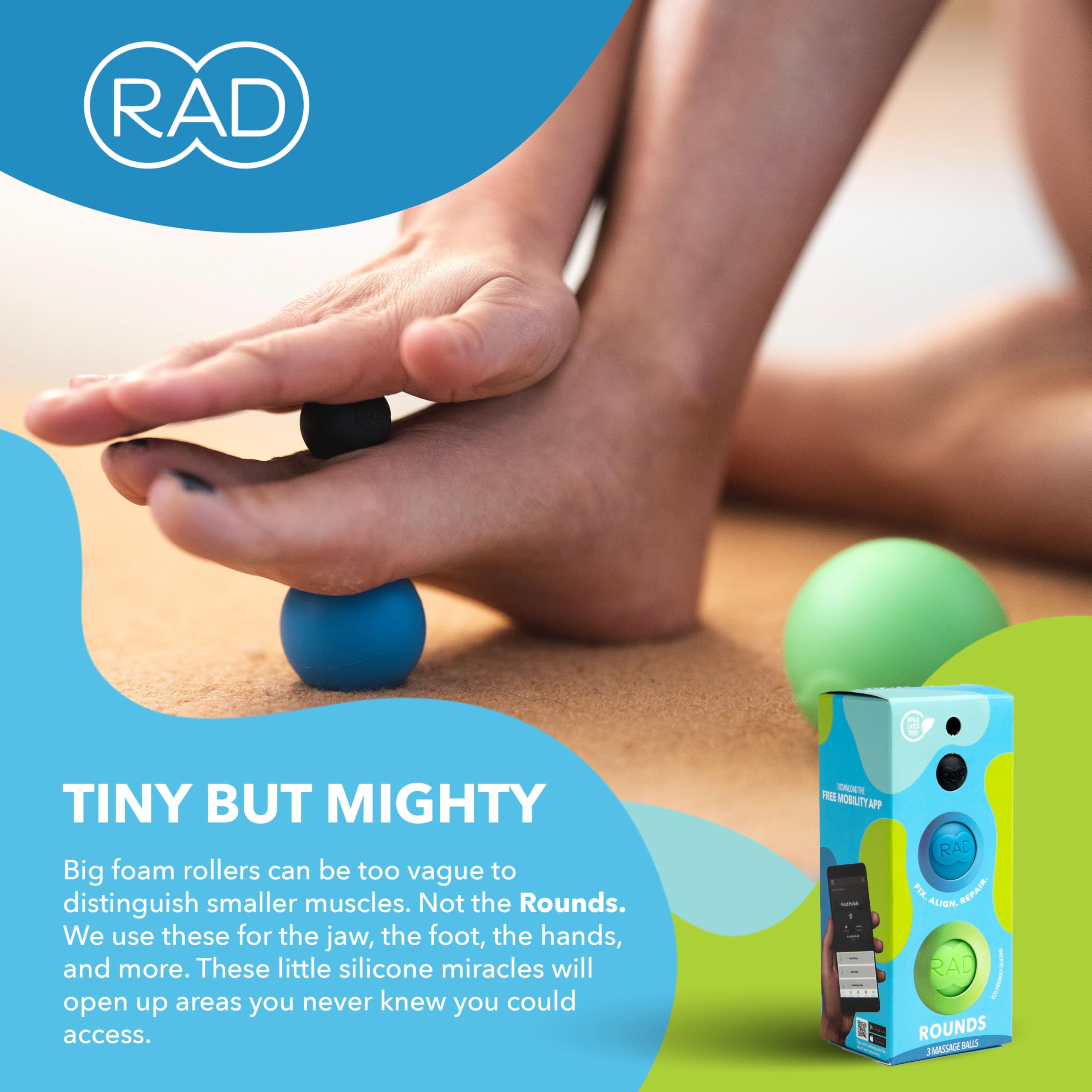 RAD Rounds foot massage targets arches for plantar relief.