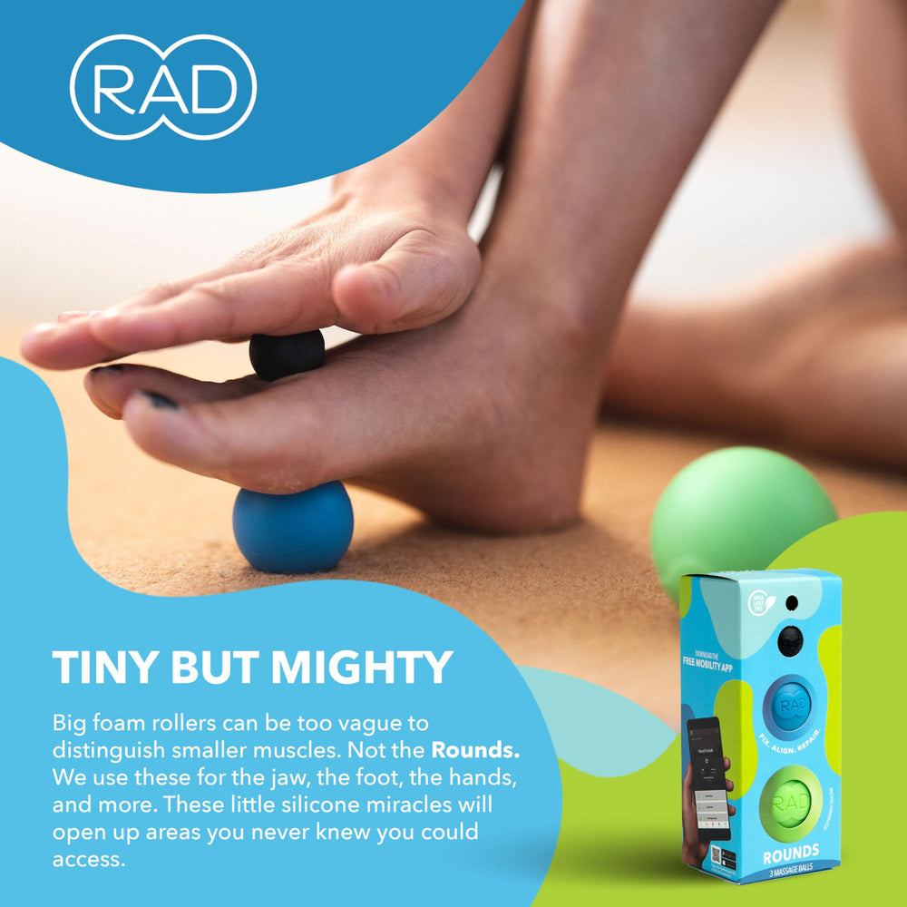 RAD Rounds foot massage targets arches for plantar relief.