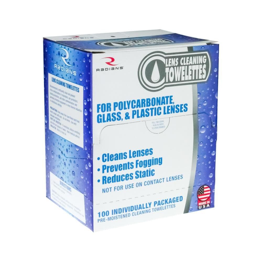 Radians LCD100 lens cleaning towelettes in a dispenser box for anti-fog lens maintenance