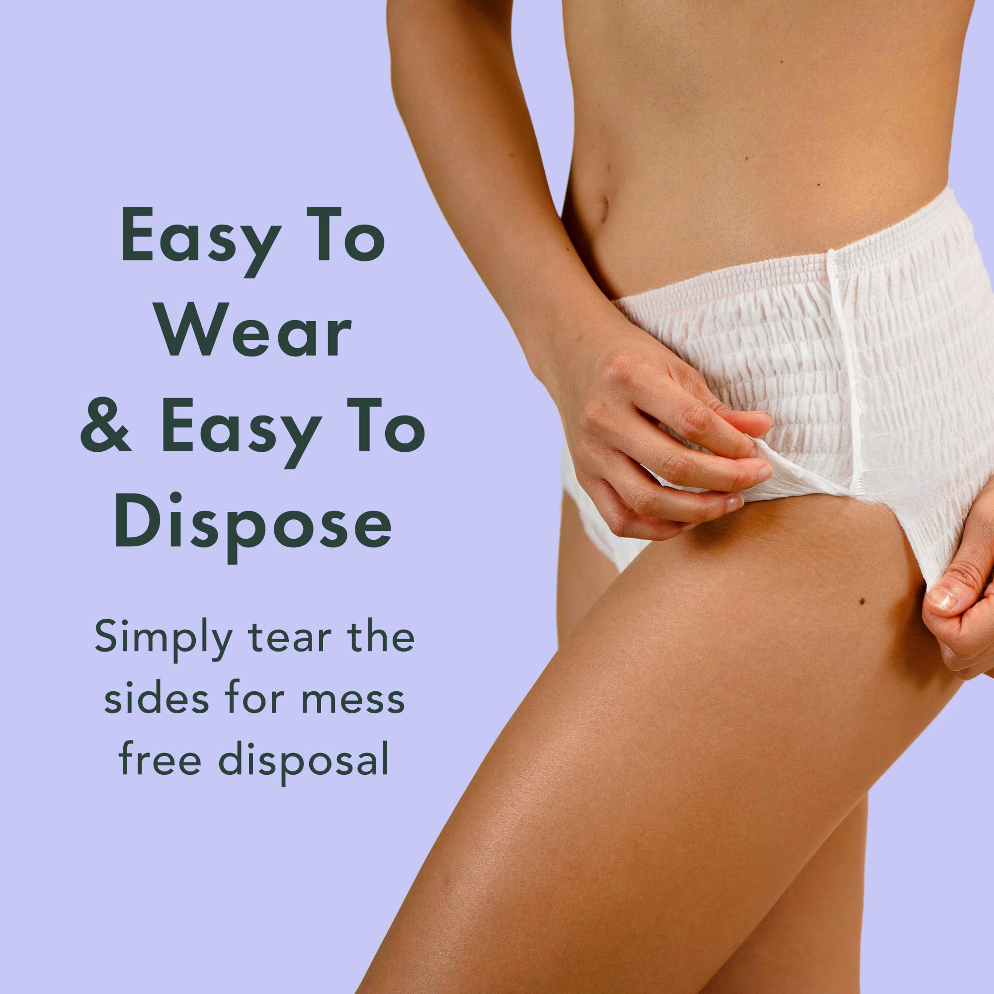 Rael disposable underwear 4-layer-core-absorbency locks in moisture and odor.