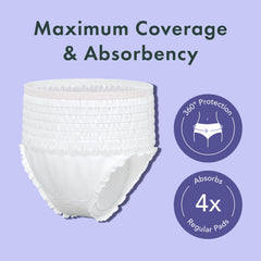 Rael disposable underwear maximum-coverage-leak-lock provides secure protection for overnight wear.