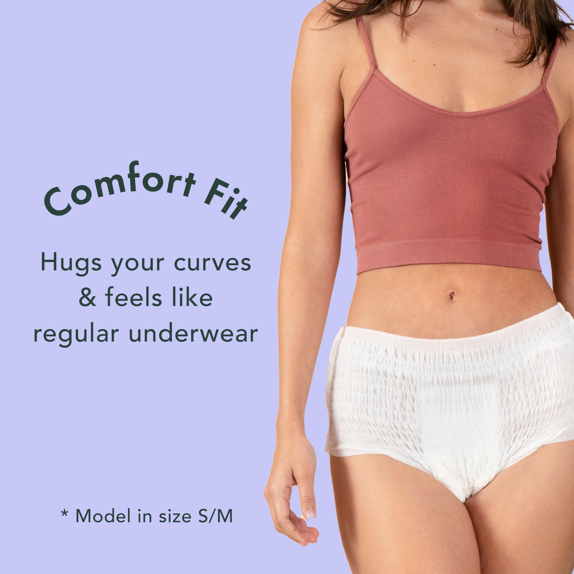 Rael disposable underwear overnight-comfort-fit stays discreet under clothes.