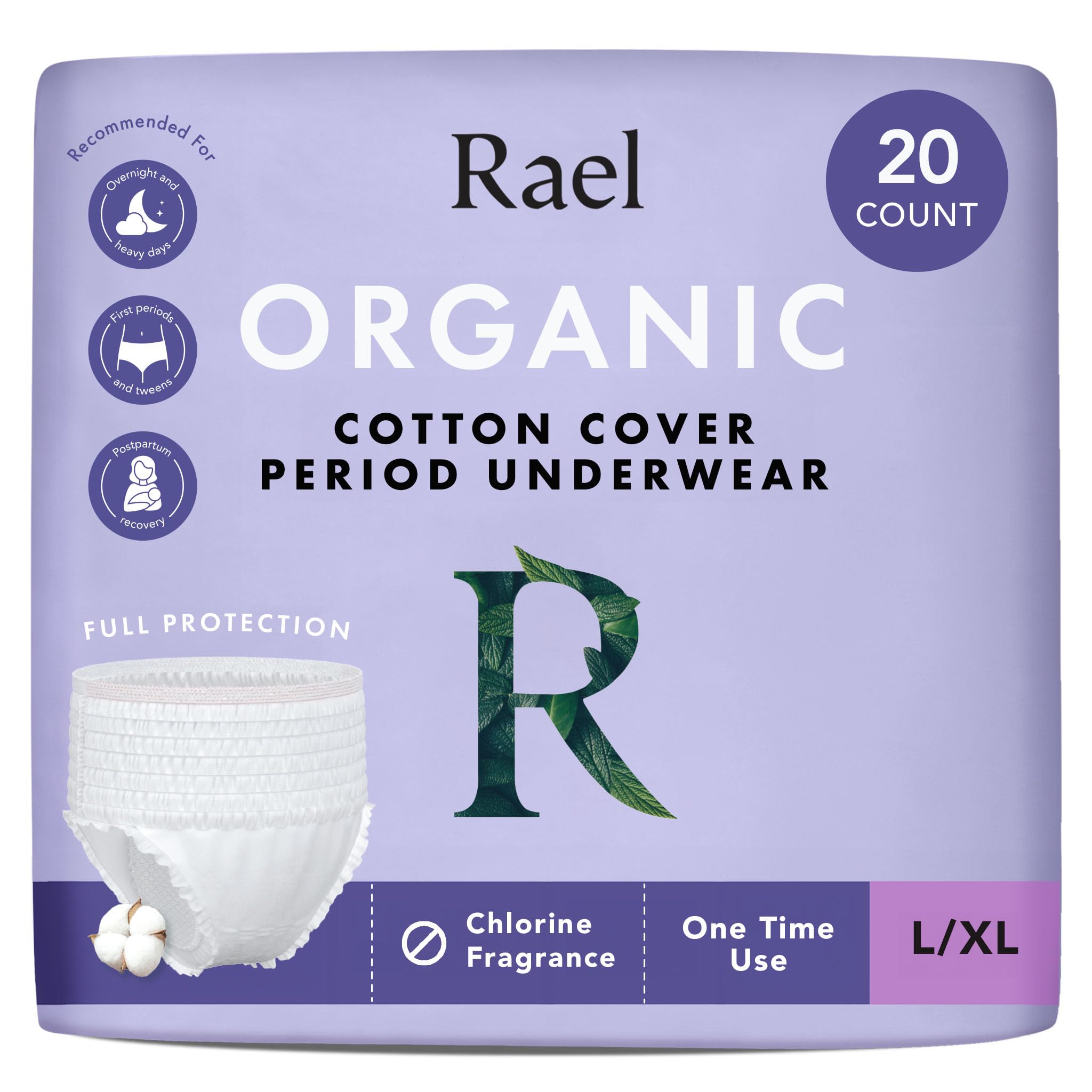 Rael disposable underwear packaging highlights unscented design for sensitive skin comfort.