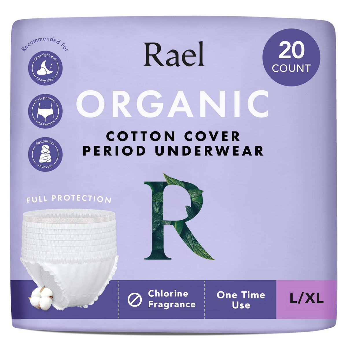 Rael disposable underwear packaging highlights unscented design for sensitive skin comfort.