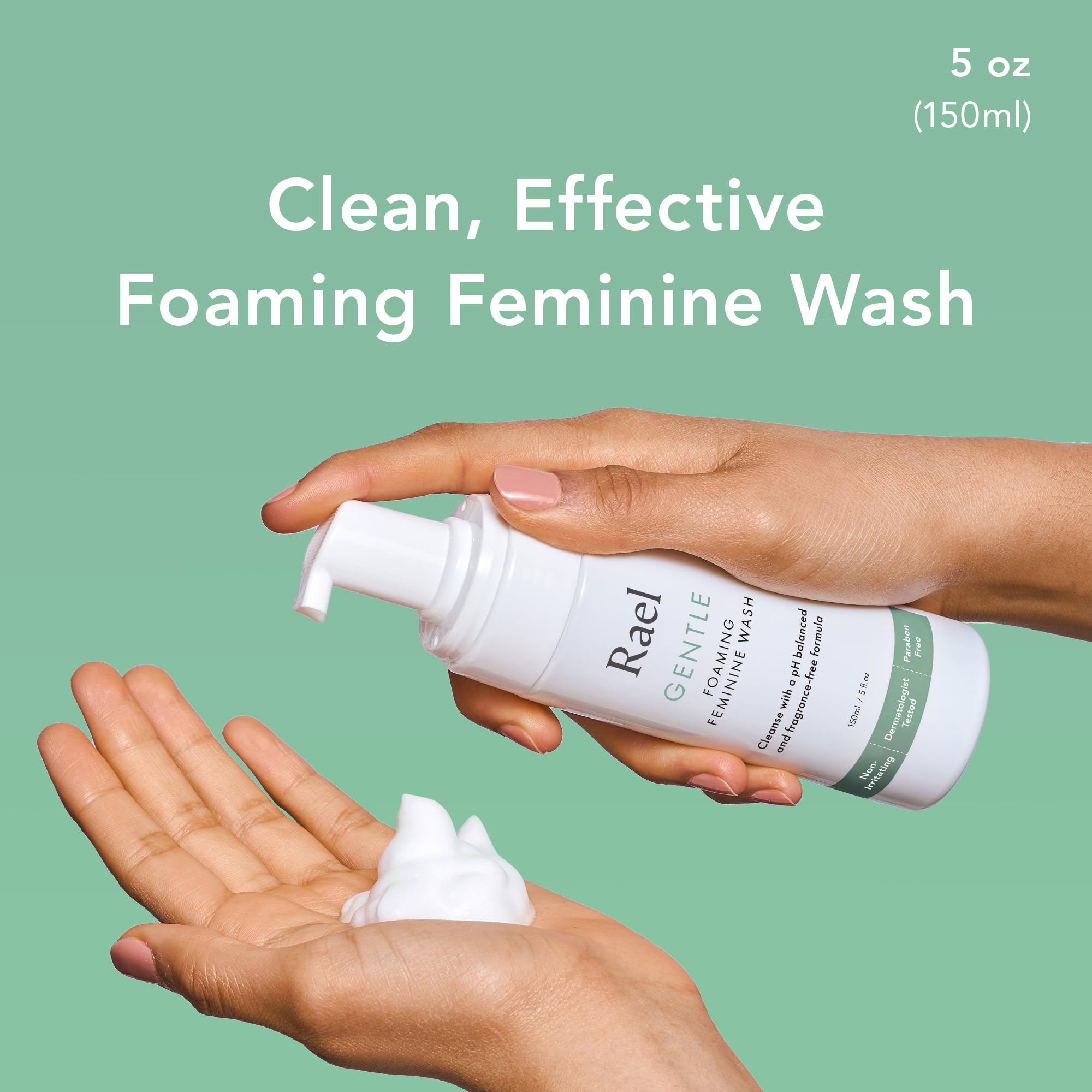 Rael feminine wash foaming texture closeup highlights gentle cleansing.