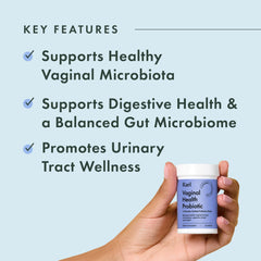 Rael Probiotics bottle label closeup highlighting probiotic strains and prebiotic blend.