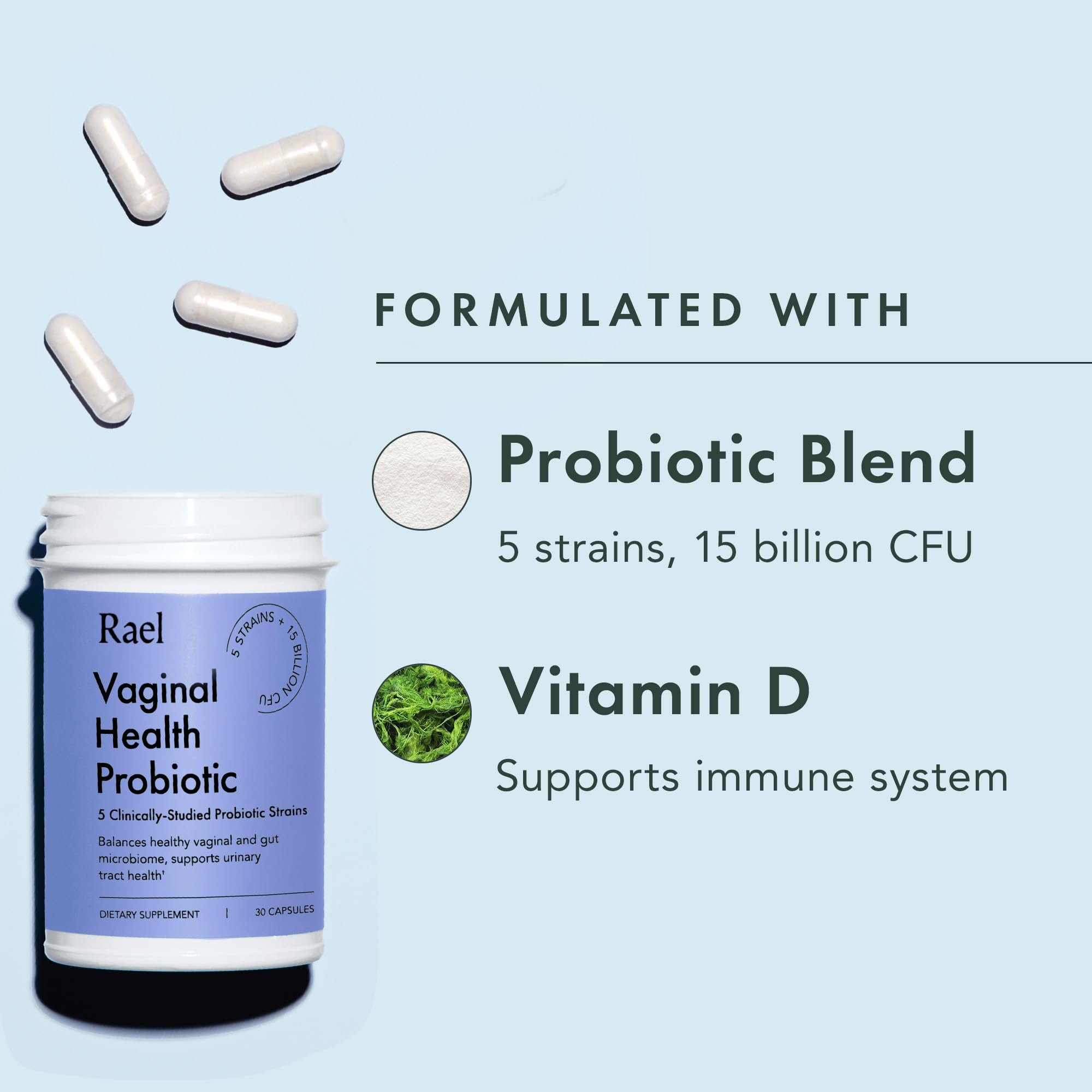 Rael Probiotics capsules for daily use with water illustrating convenience.