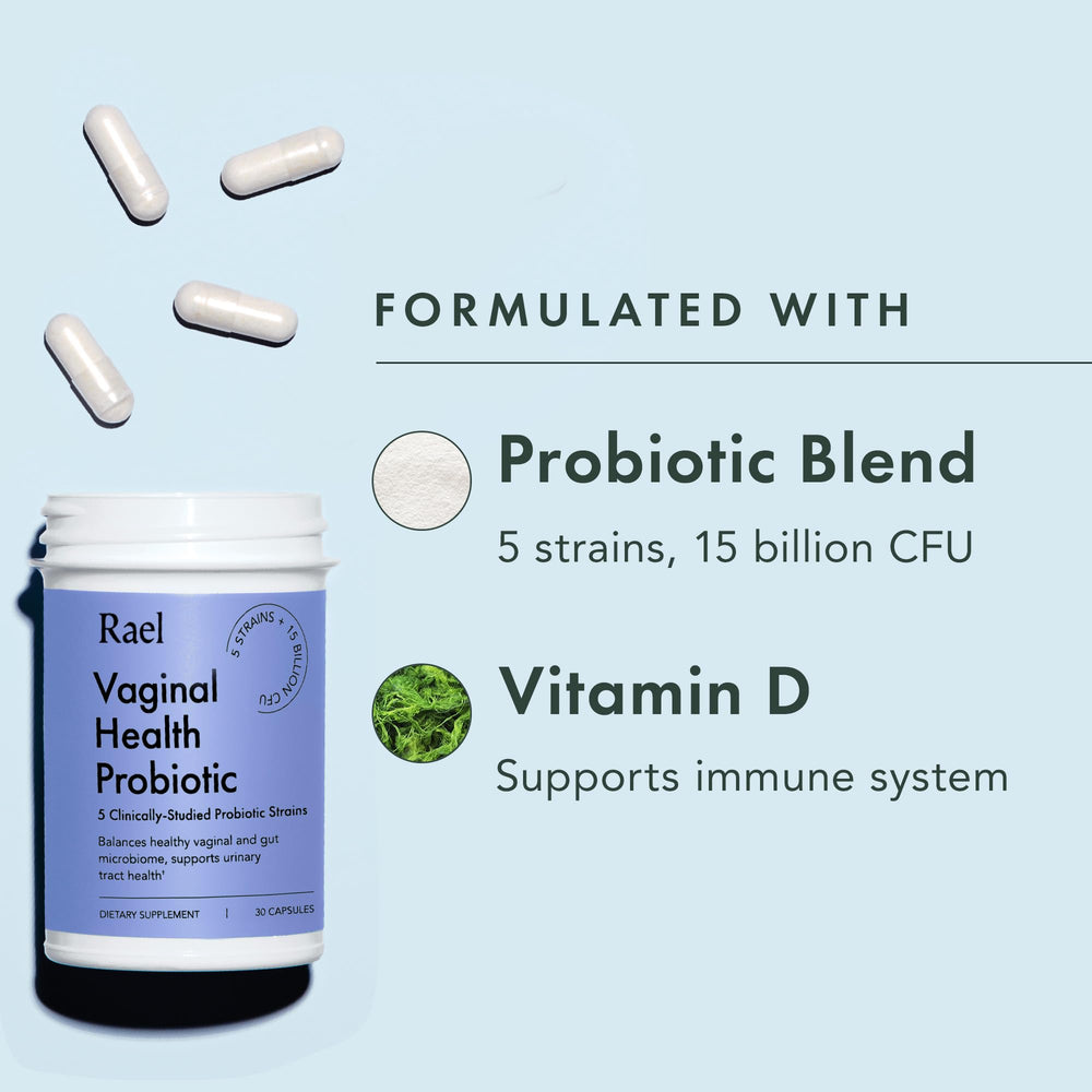 Rael Probiotics capsules for daily use with water illustrating convenience.
