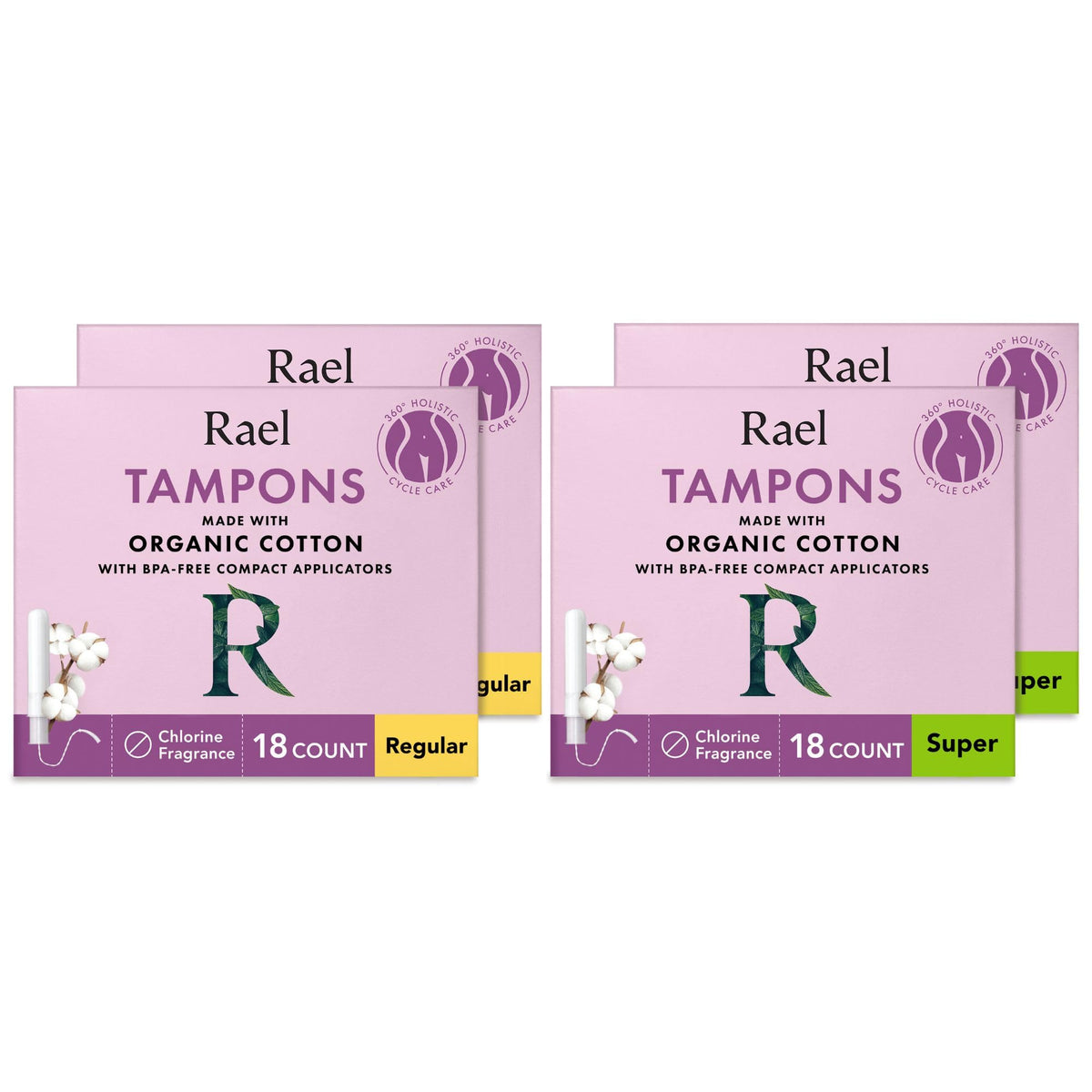 Rael tampons with compact applicator for regular absorbency on the go.