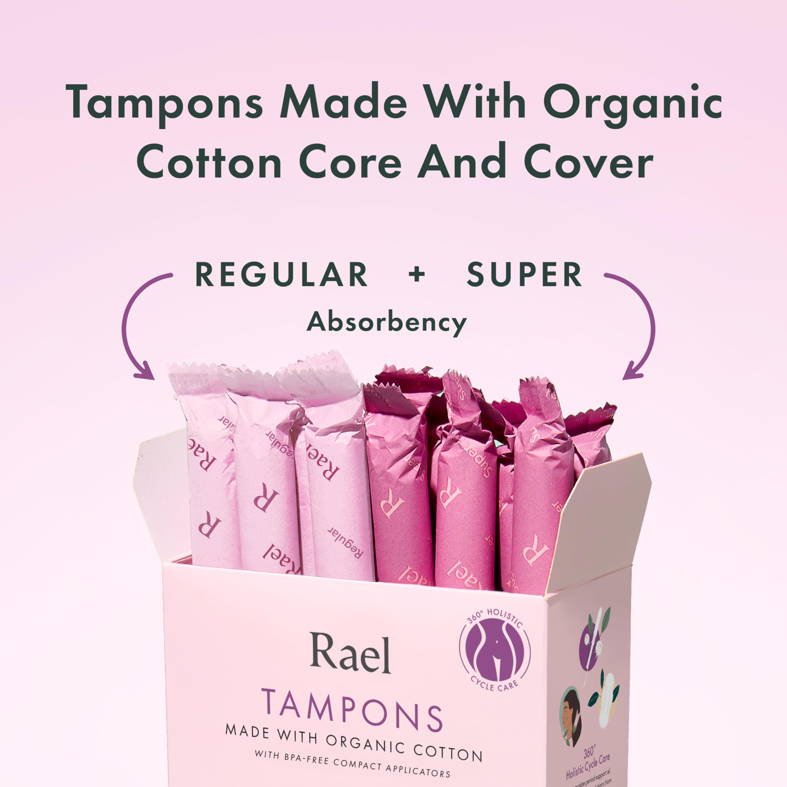 Rael tampons wrapped in sustainable paper packaging for eco-conscious users.