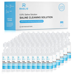 RAELIS saline bottle close-up highlighting additive-free purity for home use