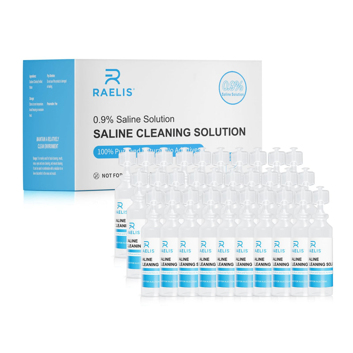 RAELIS saline solution box packaging for household use and portability.