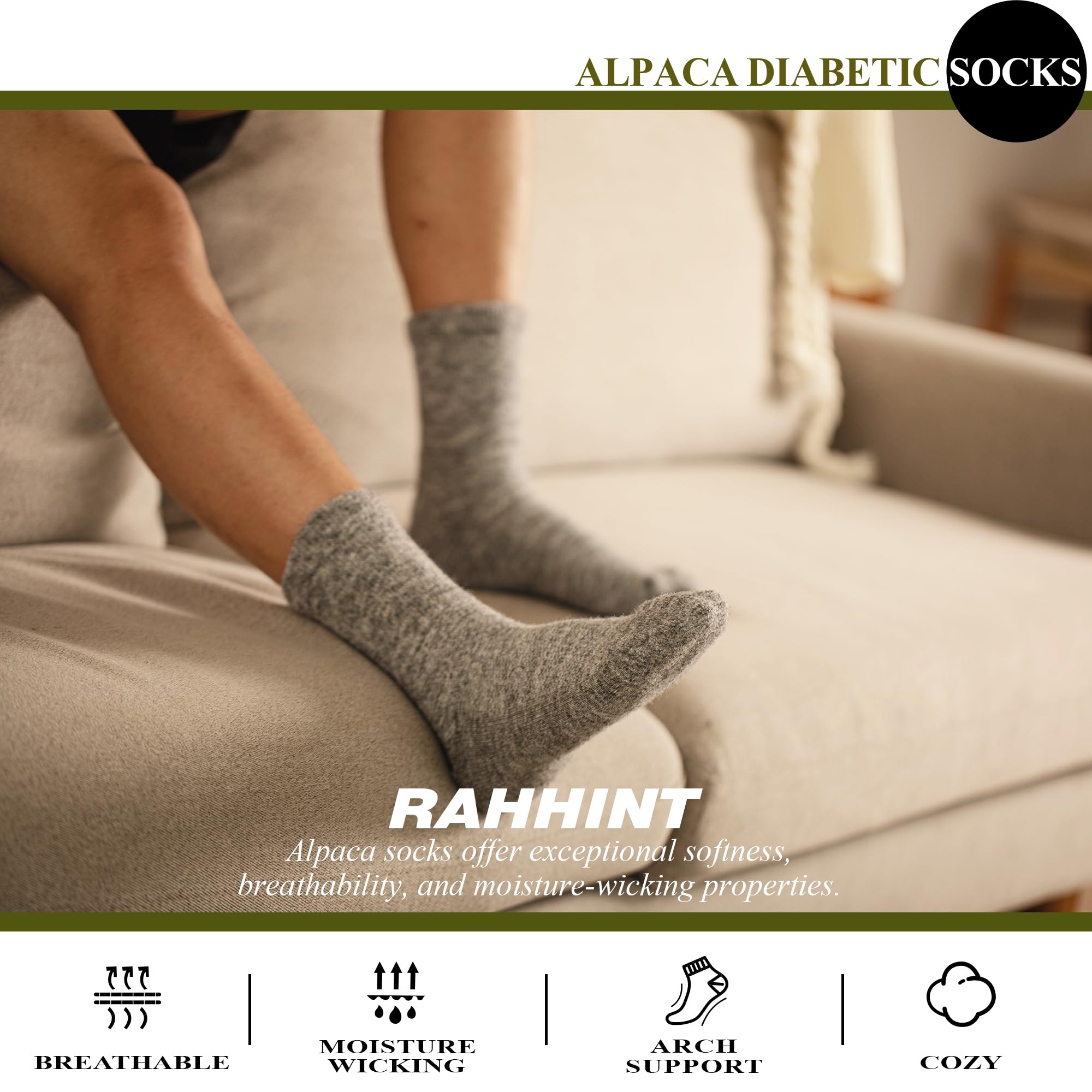 Rahhint Alpaca Wool Diabetic Socks non-binding cuff shown for relaxed ankle comfort.