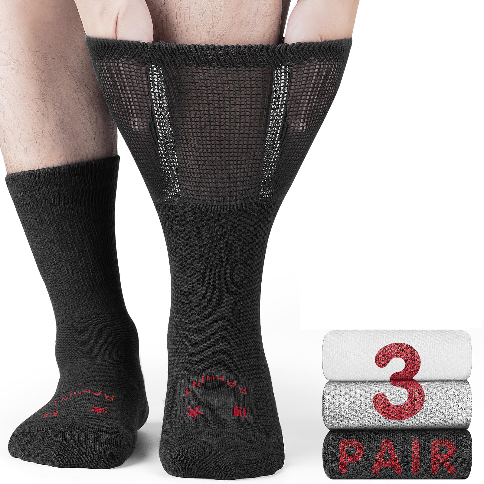 Rahhint Pro extra wide merino wool diabetic socks, front view, breathable all-day comfort.