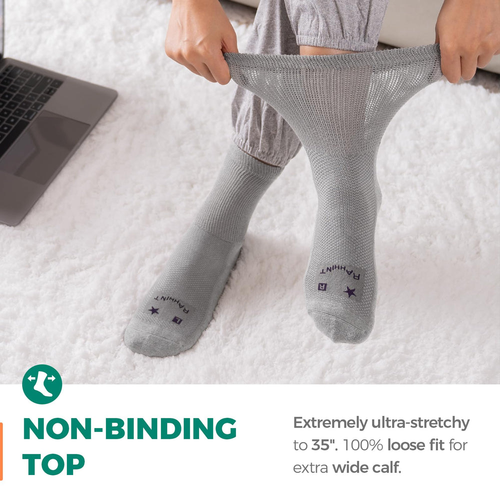Rahhint Pro Extra Wide Merino Wool Diabetic Socks packaging display highlights versatile all-season use.