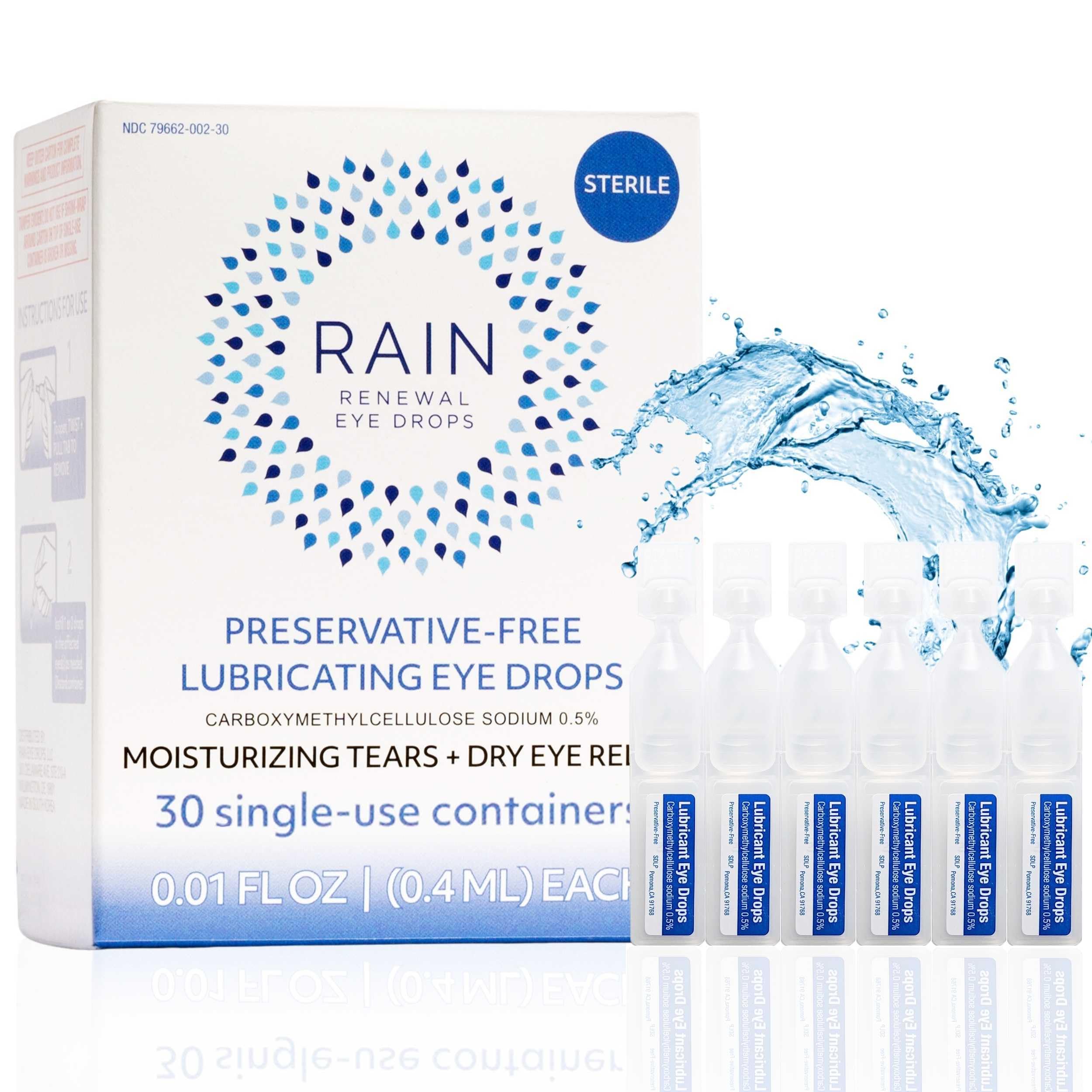 Rain eye drops bottle pour shows quick, preservative-free relief for dry eyes.