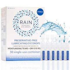 Rain eye drops bottle pour shows quick, preservative-free relief for dry eyes.