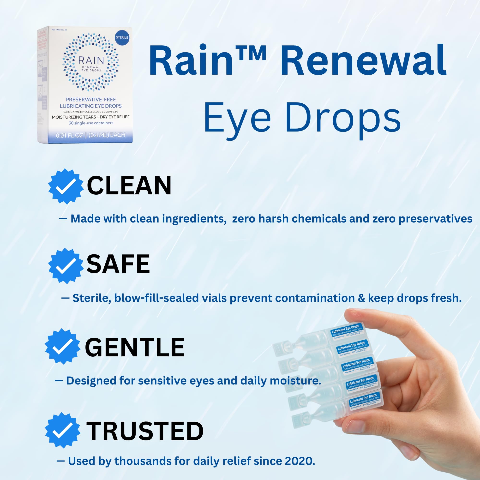 Rain eye drops CMS moisture illustration hints longer-lasting hydration through advanced formula.