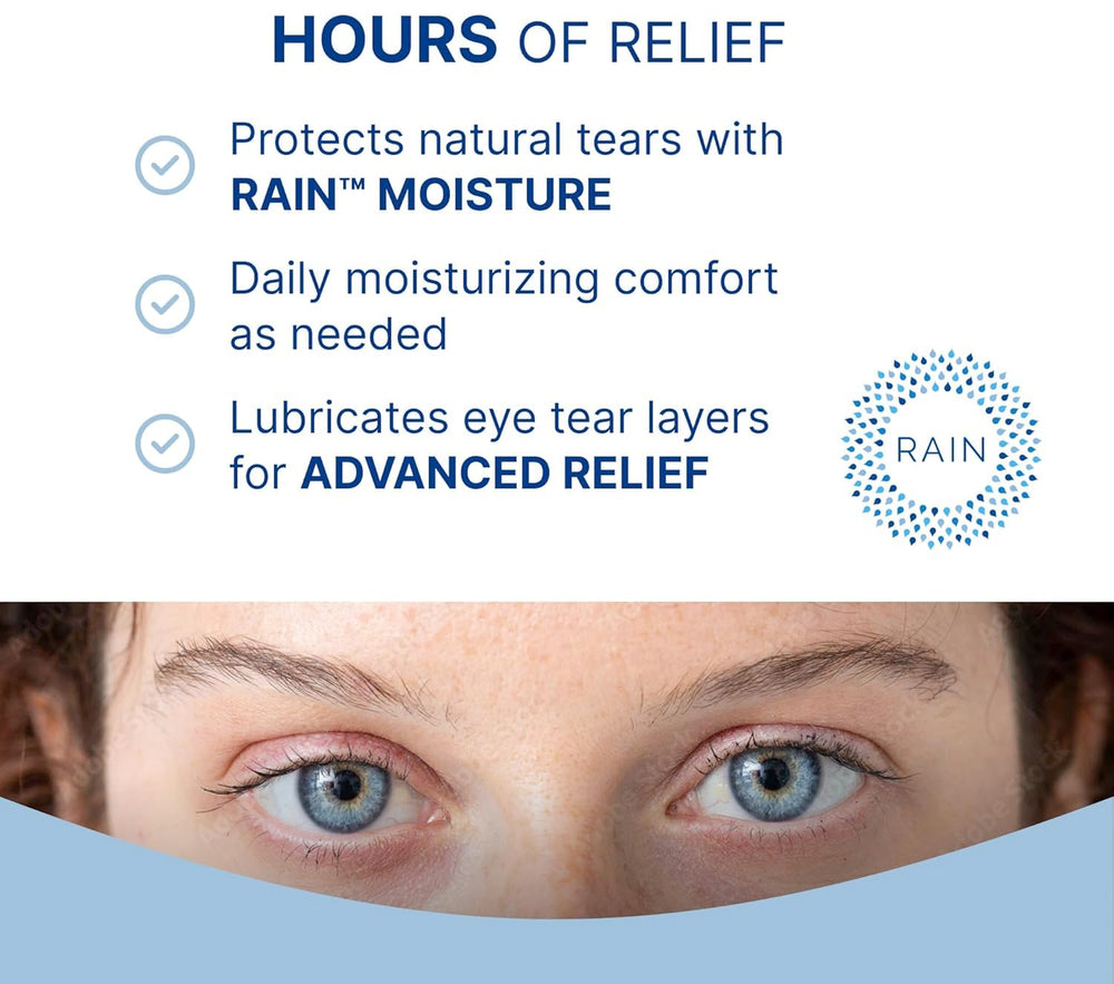 Rain eye drops mimic natural tears for natural comfort throughout the day.