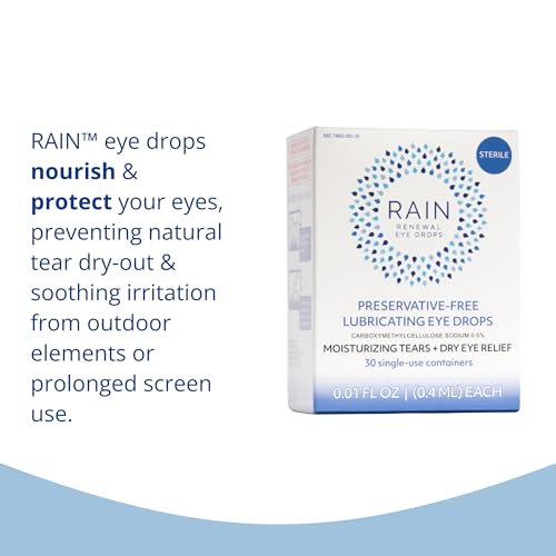 Rain eye drops packaging box communicates preservative-free formula and daily-use suitability.