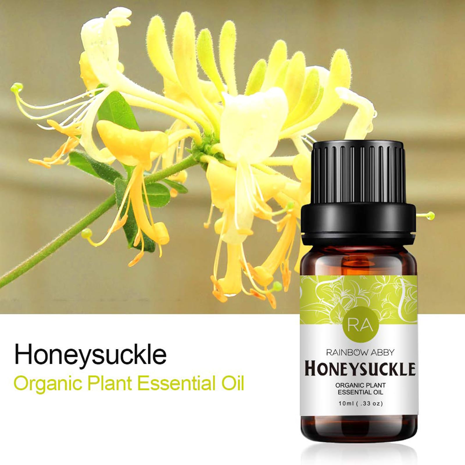 Rainbow Abby Honeysuckle oil in a diffuser scene for relaxing ambiance.
