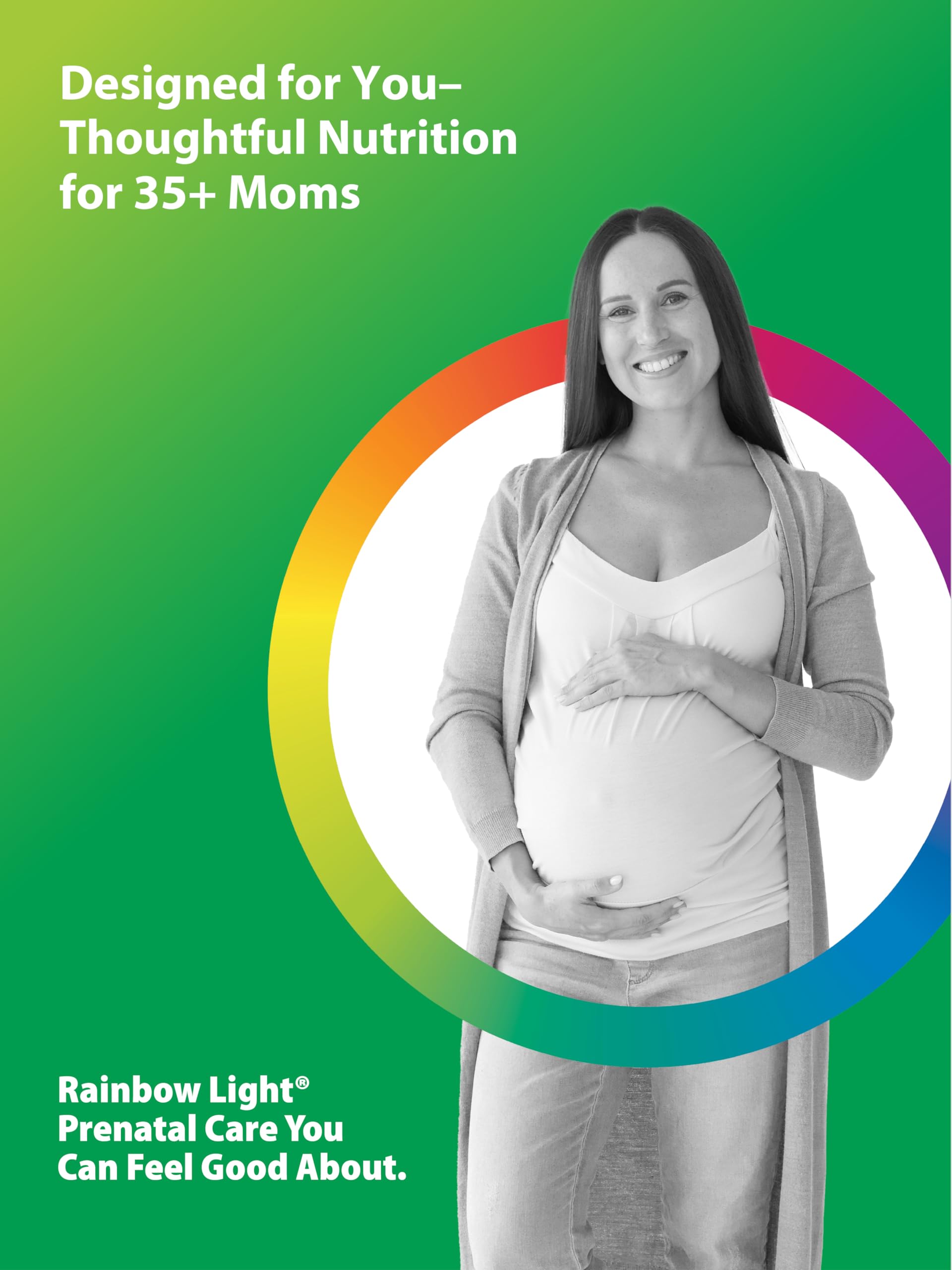 Rainbow Light 35+ Mom & Baby ingredients list highlighting real-food nutrients.