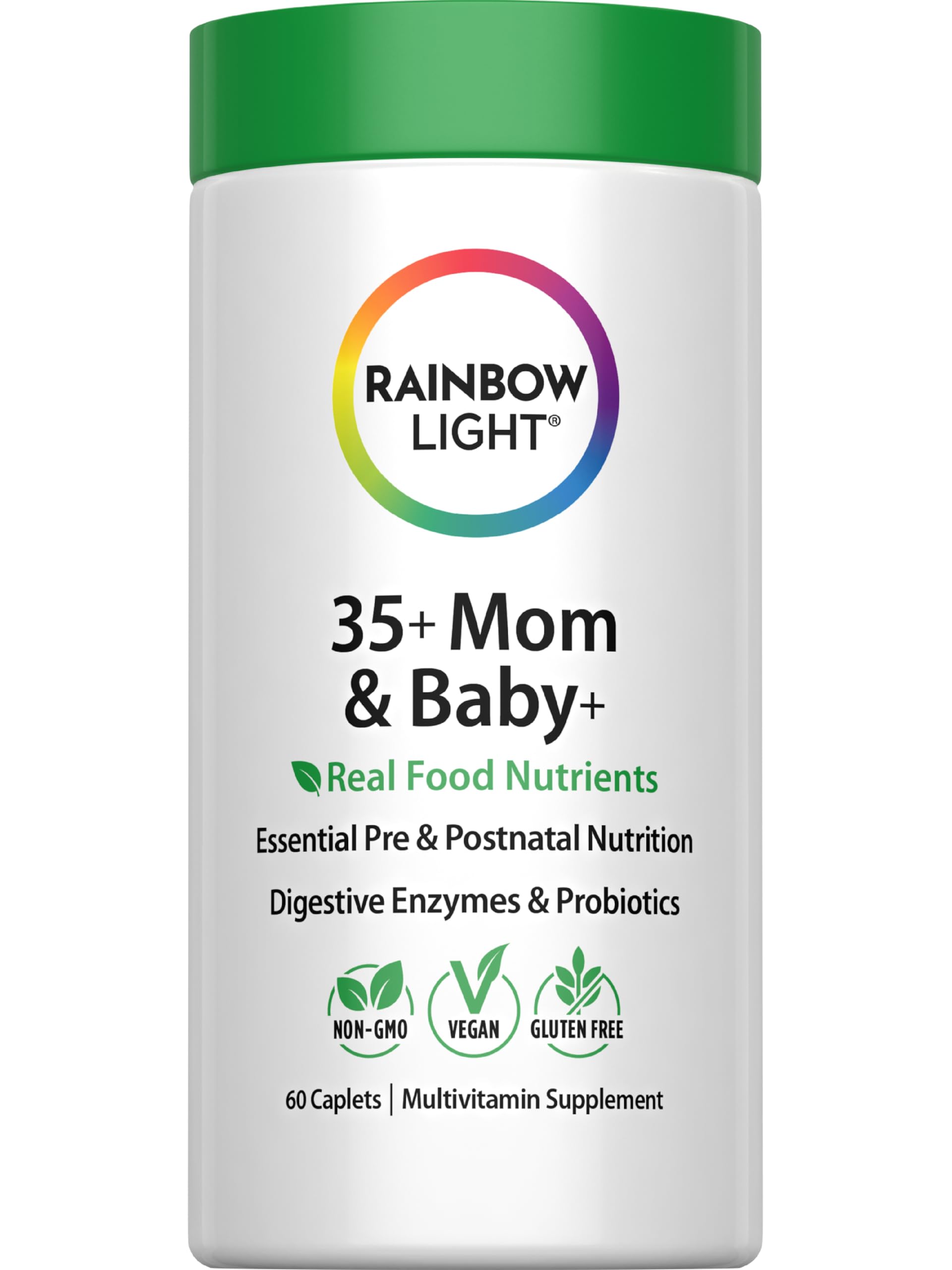 Rainbow Light 35+ Mom & Baby bottle showing daily prenatal nutrition benefits.