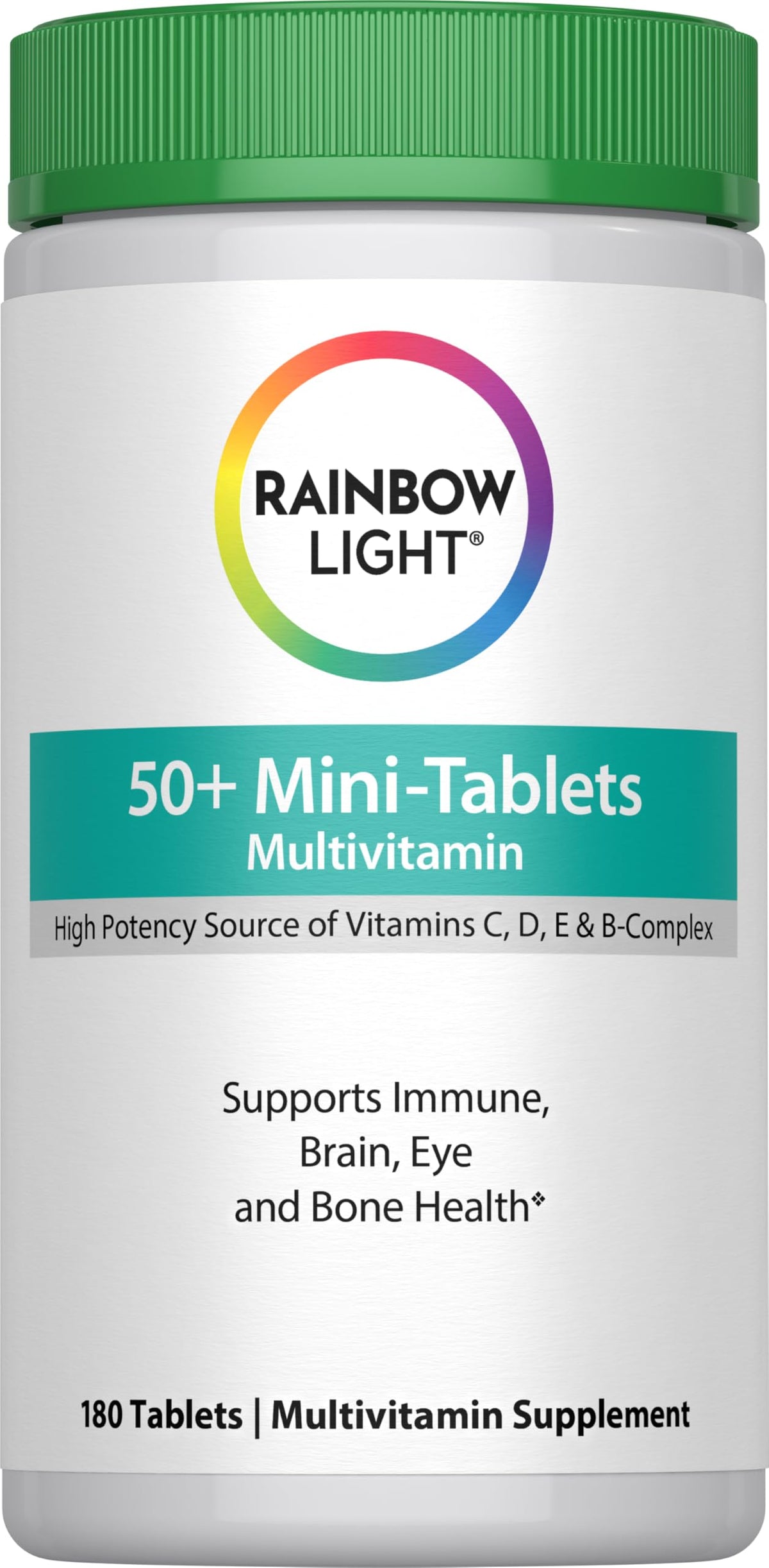 Rainbow Light 50+ mini-tablet bottle for daily immune support.