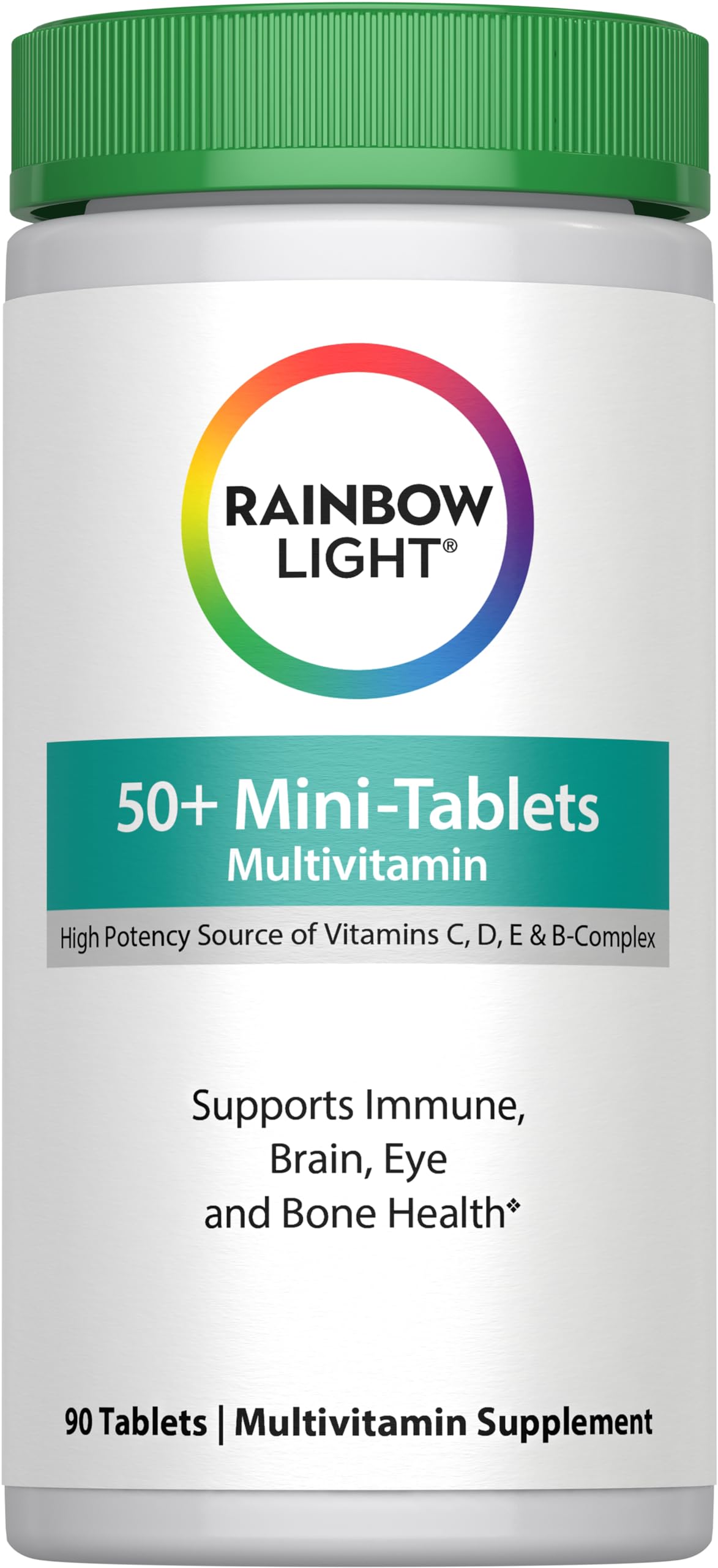 Rainbow Light 50+ mini-tablet bottle close-up, easy daily multivitamin for adults over 50.