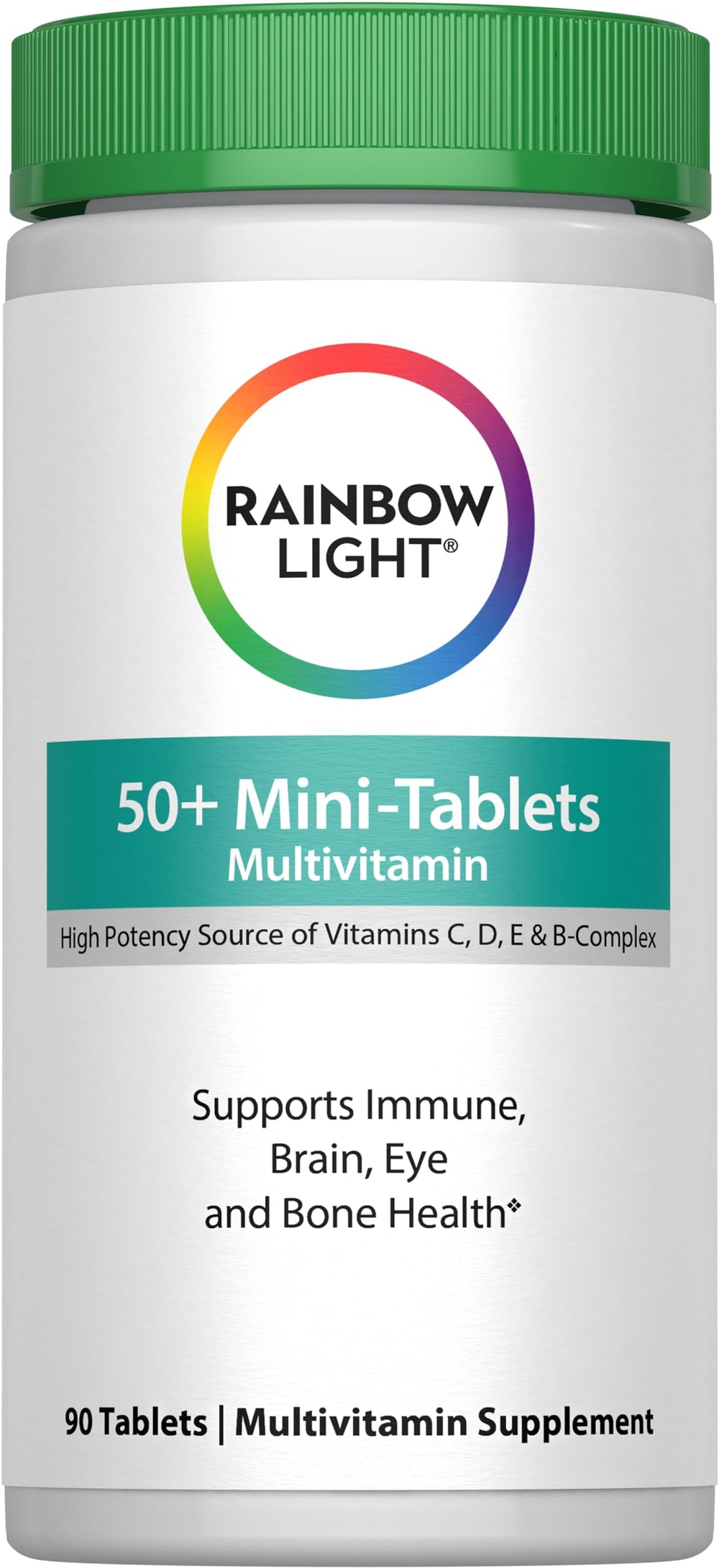 Rainbow Light 50+ mini-tablet bottle close-up, easy daily multivitamin for adults over 50.