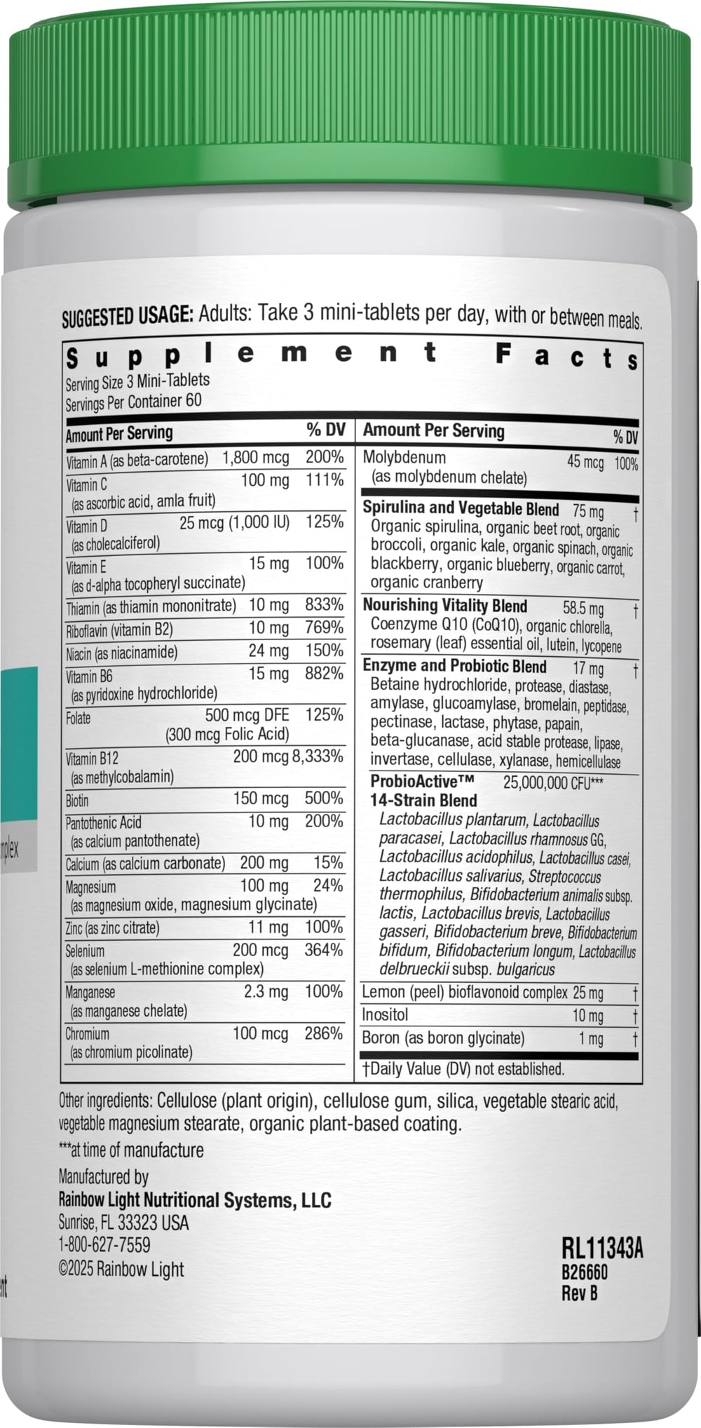 Rainbow Light nutrition panel highlights spirulina and kale for vitality.