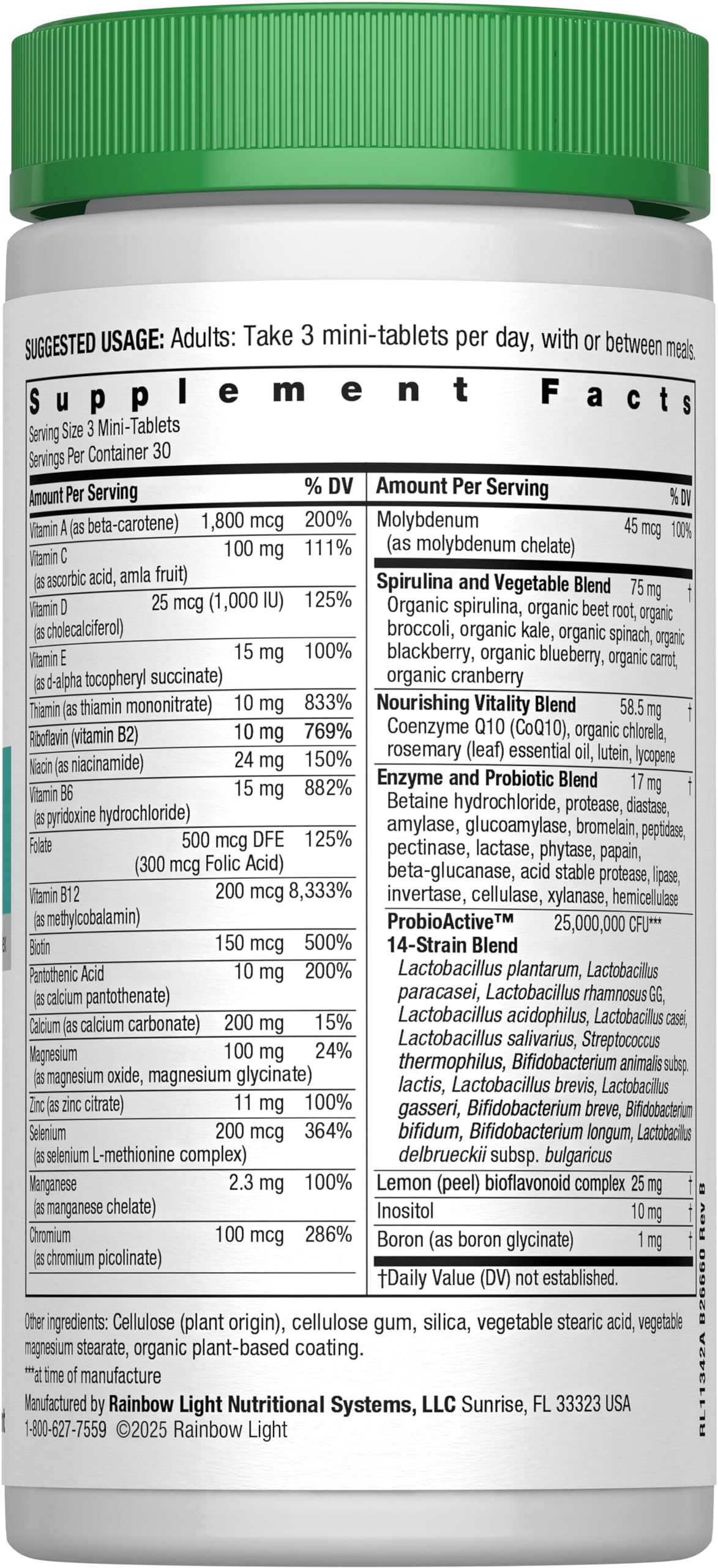 Rainbow Light 50+ Nourishing Vitality Blend with spirulina greens for natural energy.
