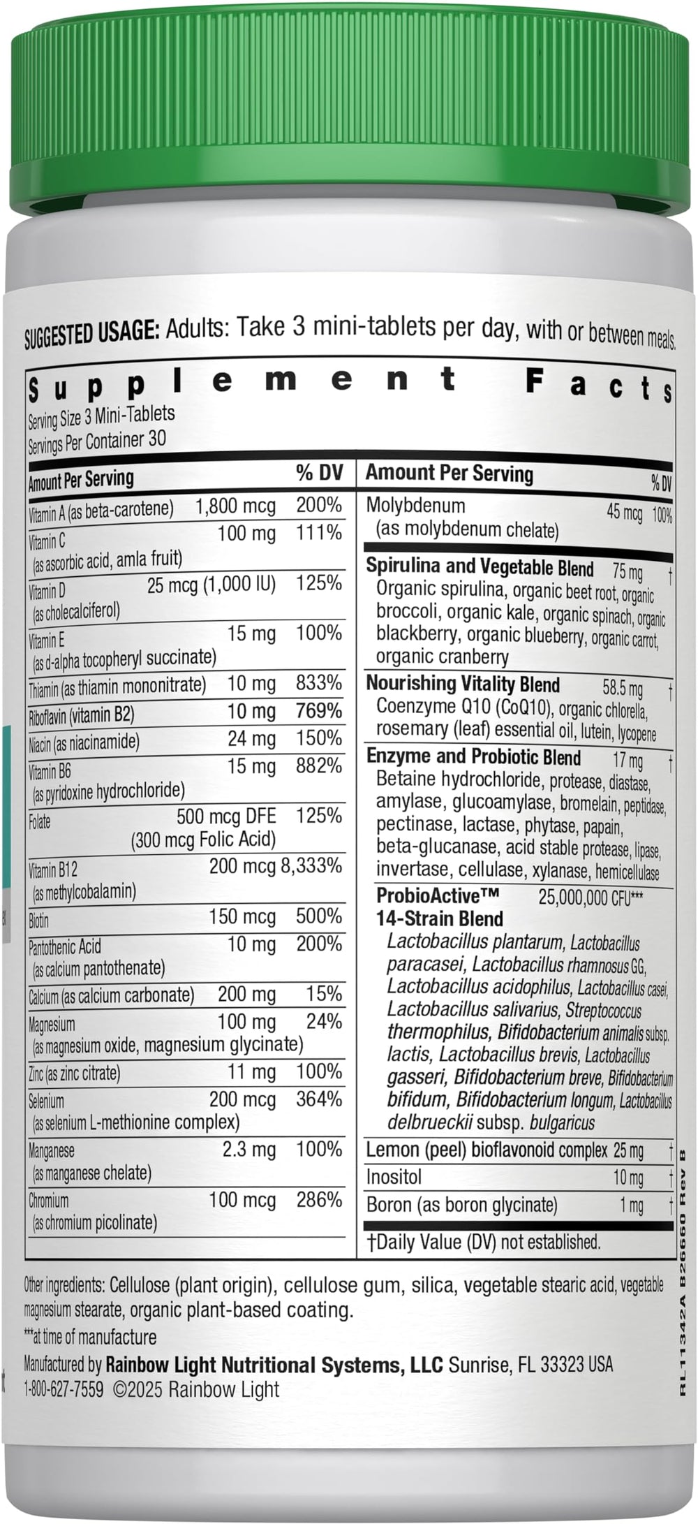 Rainbow Light 50+ Nourishing Vitality Blend with spirulina greens for natural energy.