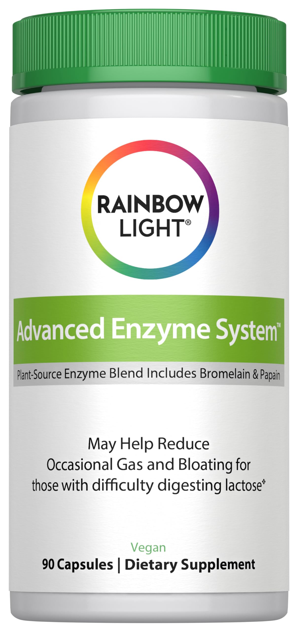 Rainbow Light Advanced Enzyme System bottle close-up showing vegan capsules for digestion support.