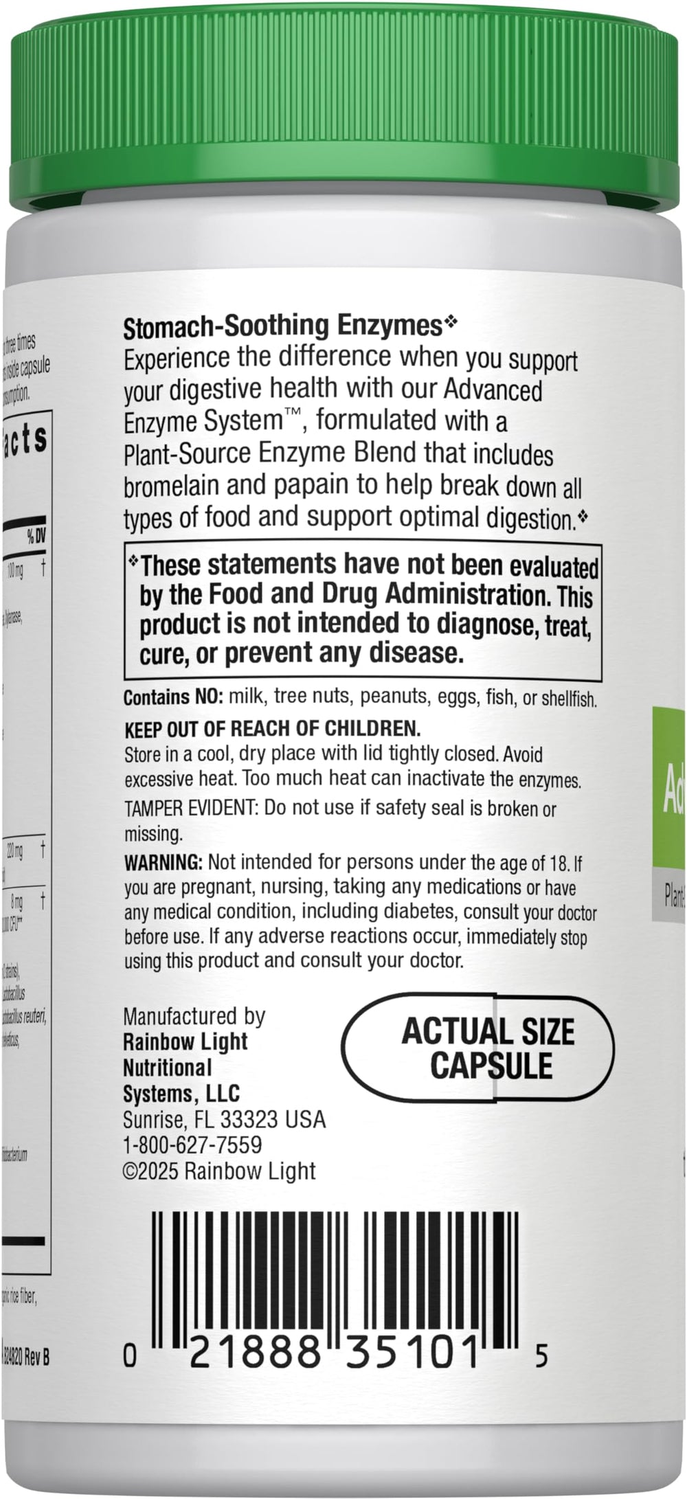 Rainbow Light Advanced Enzyme System capsules being poured, illustrating fats and proteins digestion aid.