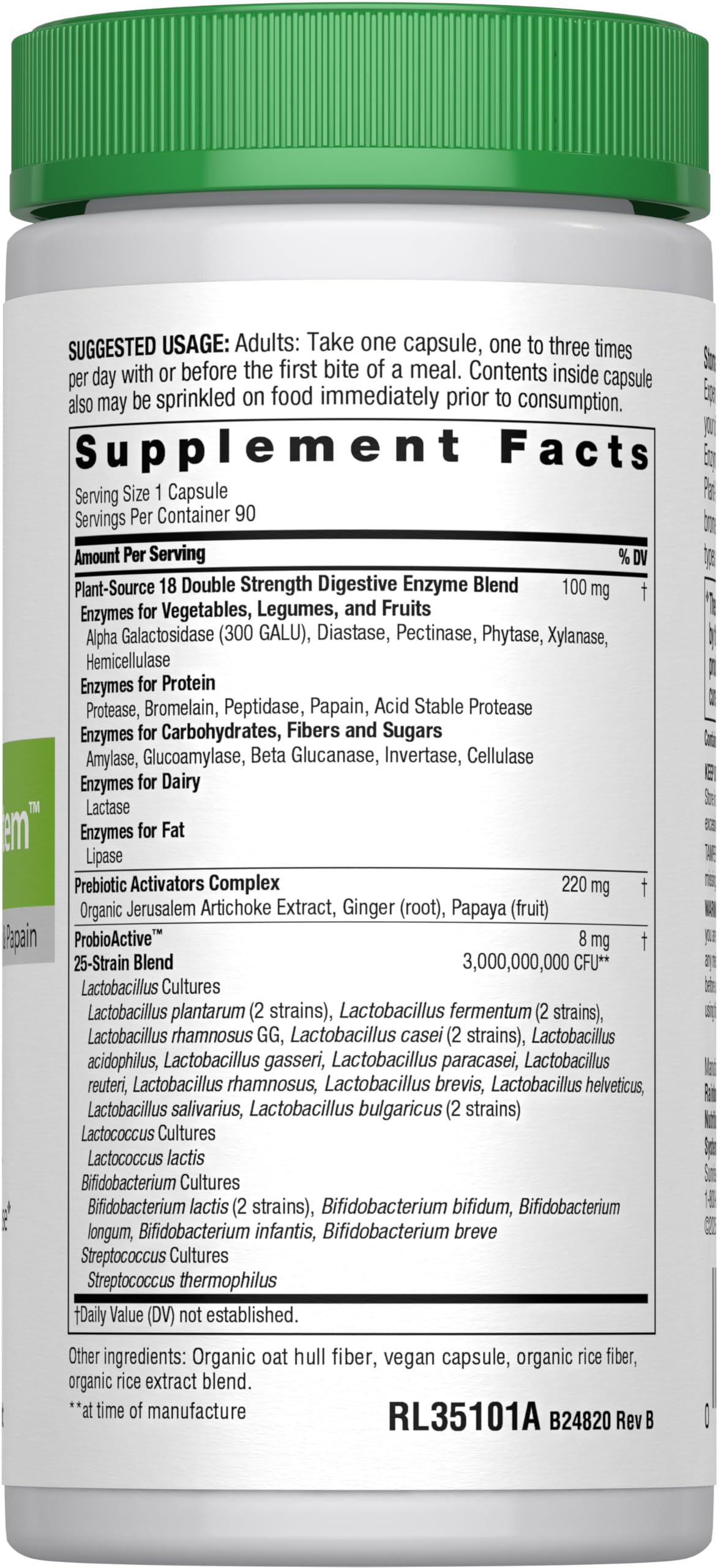 Rainbow Light Advanced Enzyme System full label highlighting plant-sourced enzymes and vegan formula.