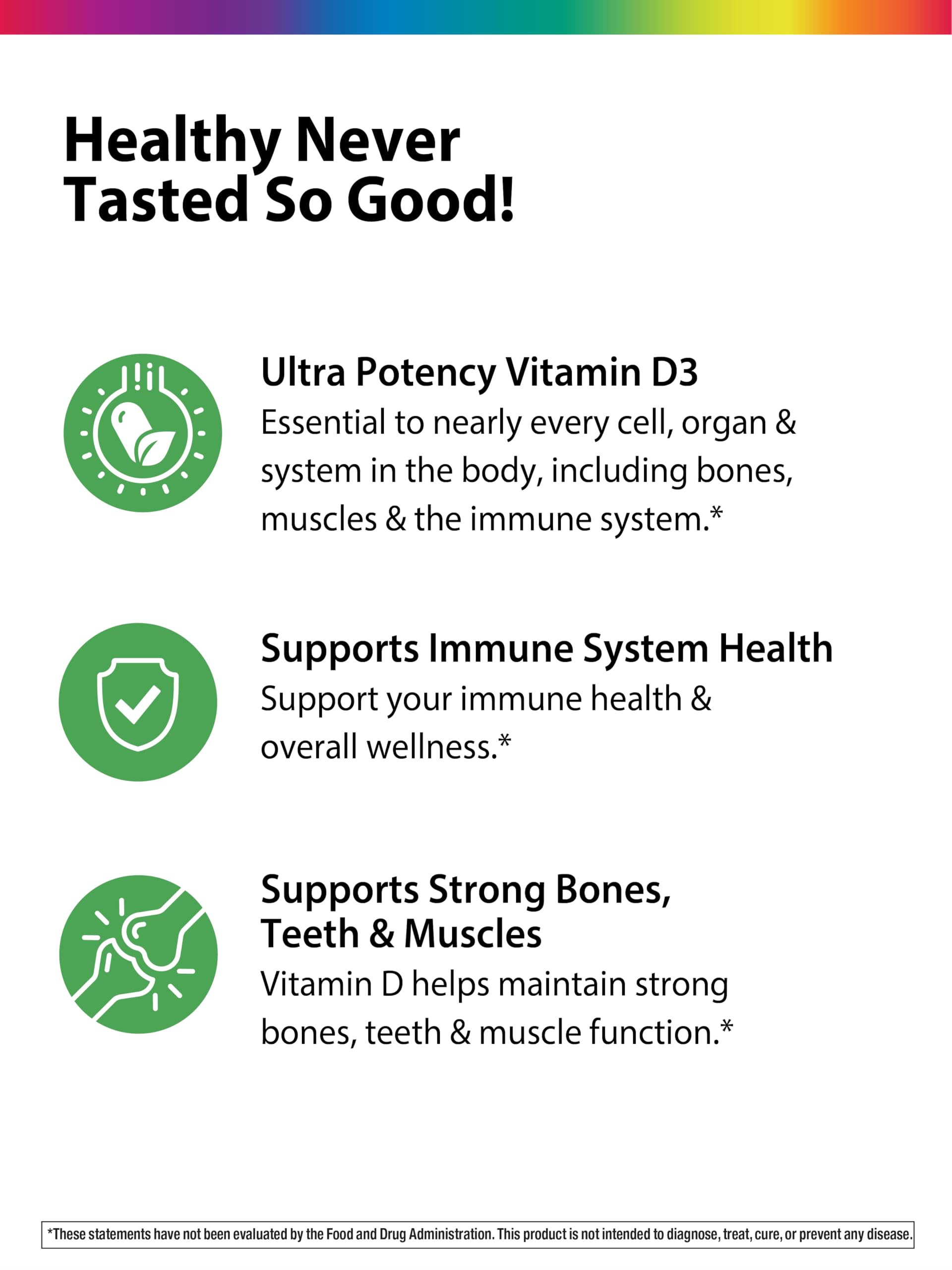 Ingredients icon on Rainbow Light Berry D-Licious gummies highlighting no artificial colors or flavors.