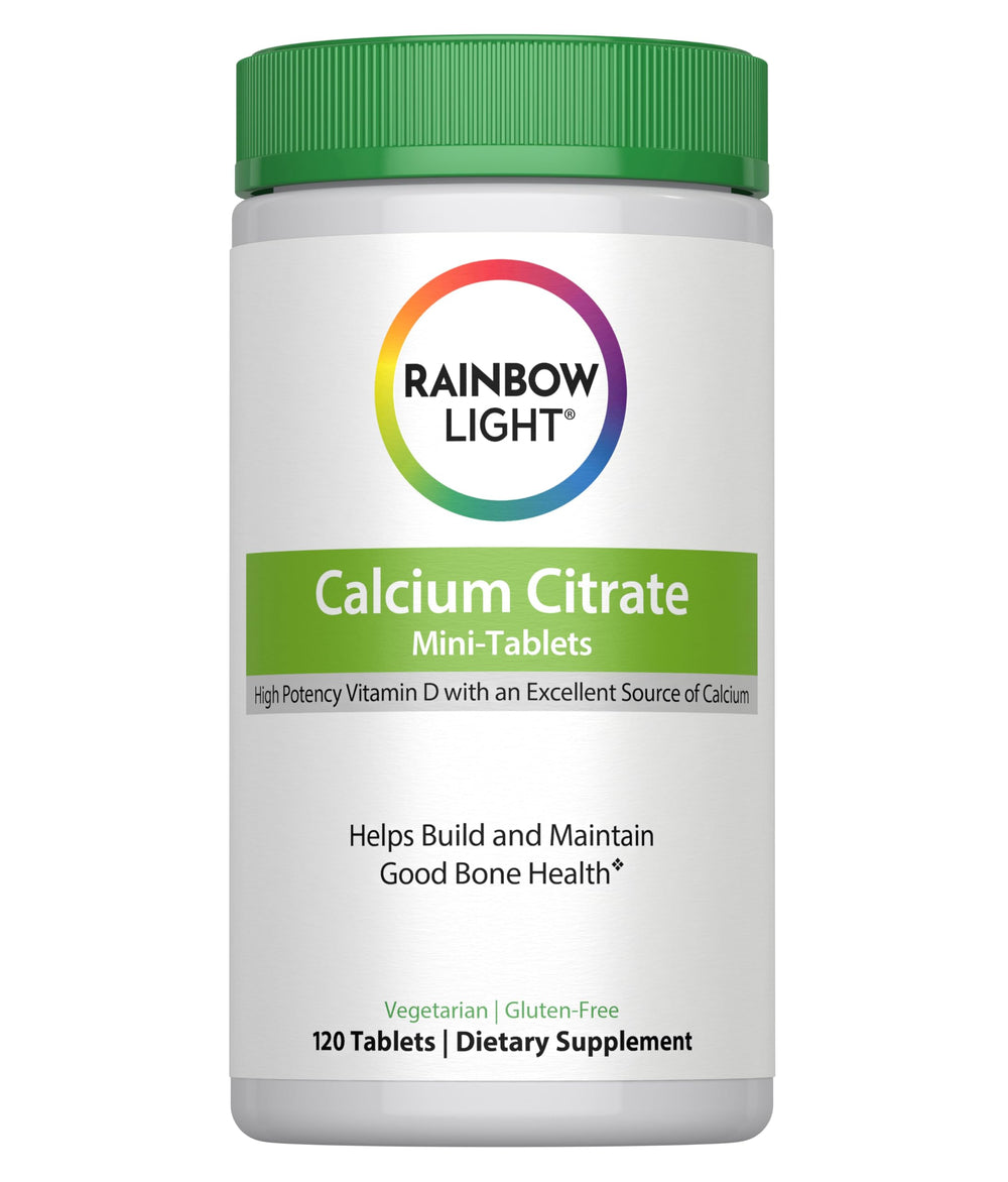 Rainbow Light calcium citrate tablets bottle for bone health support.