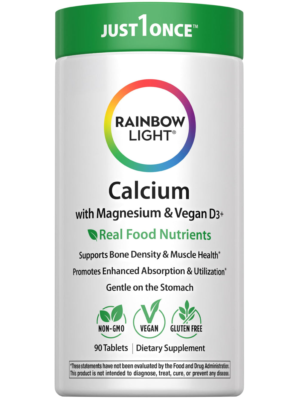 Rainbow Light Calcium Complex bottle front highlighting vegan, bone-support formula