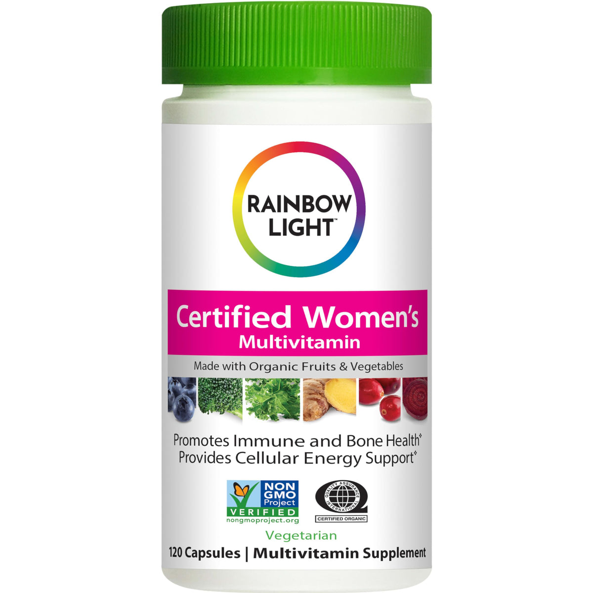 Rainbow Light Certified Women's Multivitamin bottle showcasing organic ingredients for daily wellness