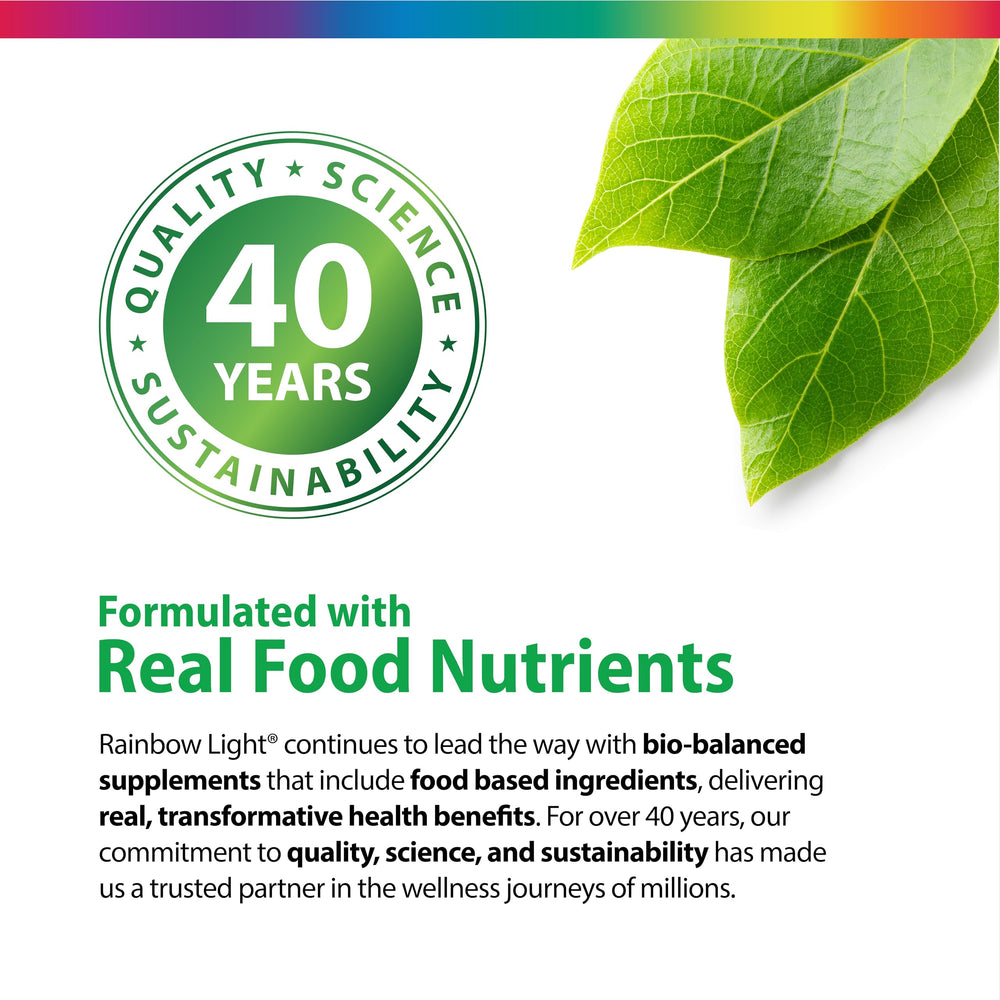 Rainbow Light Teen Multivitamin daily-use illustration with energy, bone, and immune support cues.
